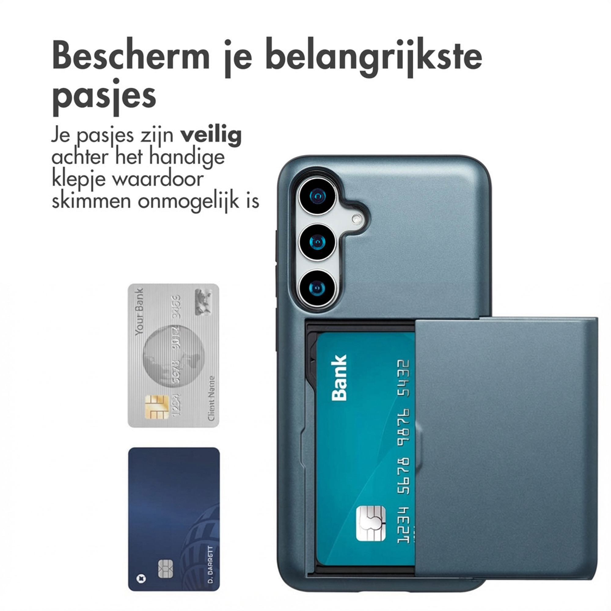 Een blauwe telefoonhoes met kaarthouder toont twee creditcards.