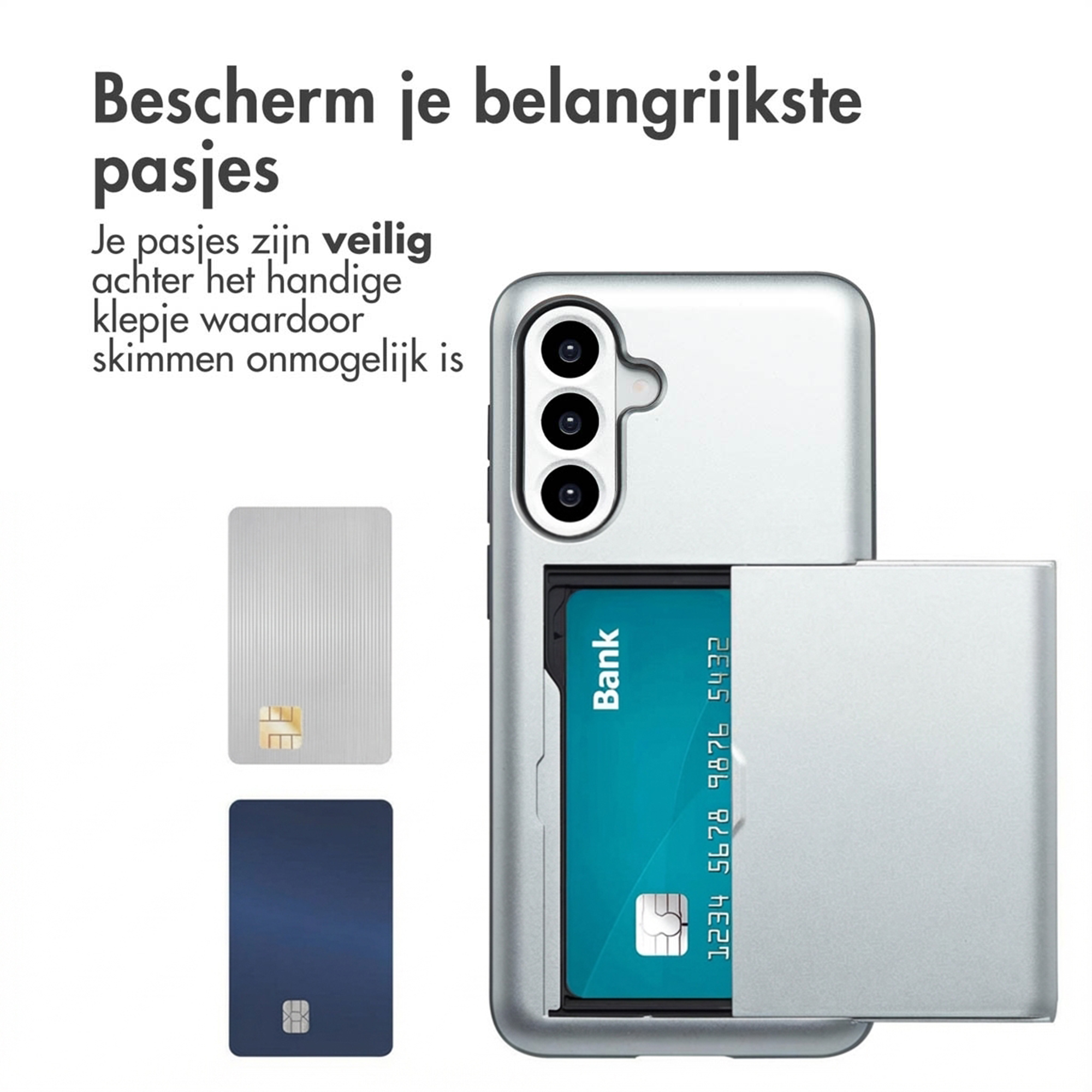 Een zilveren telefoonhoes met kaarthouder, ernaast een blauwe en een zilveren kaart.