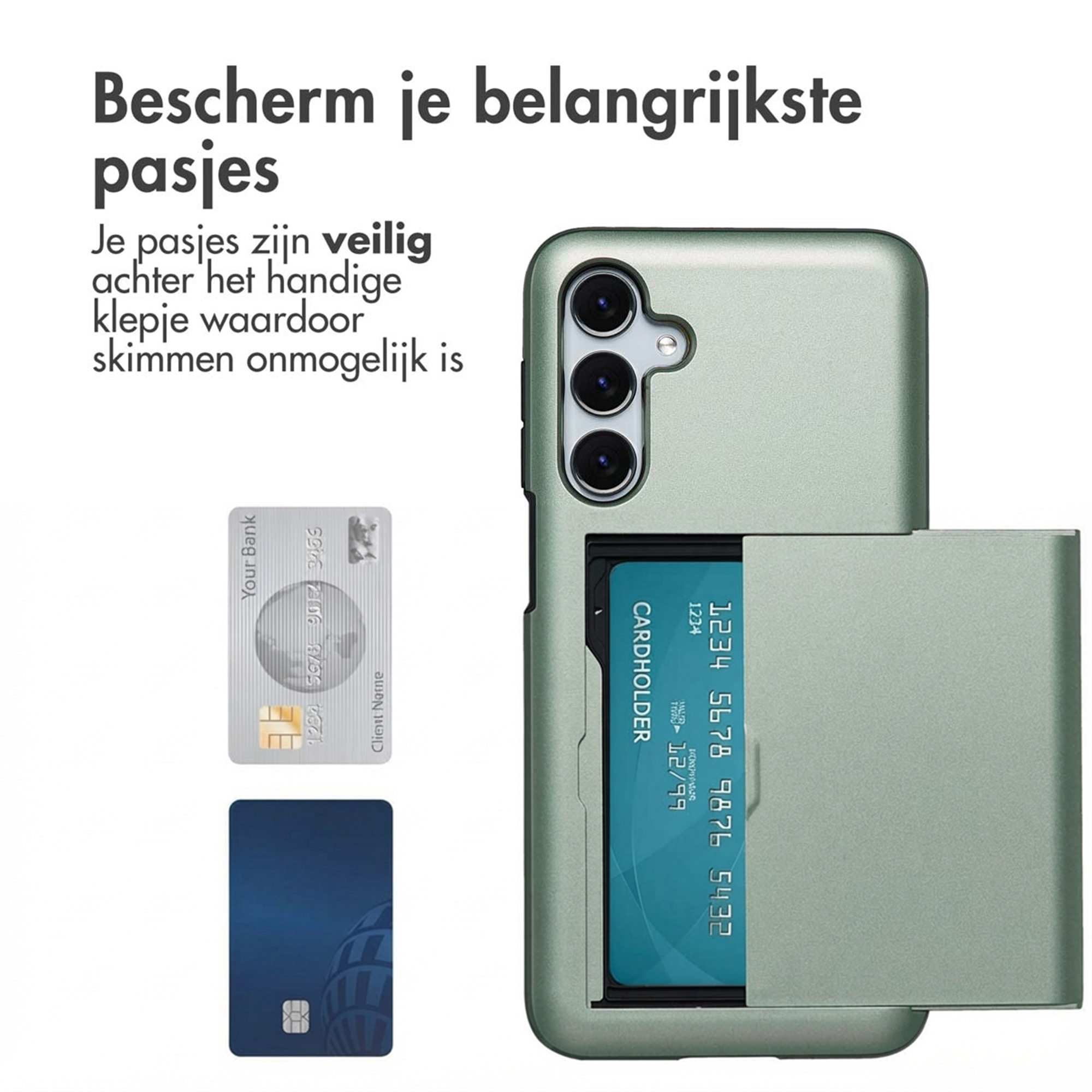 Een lichtgroene telefoonhoes met kaarthouder toont twee creditcards.