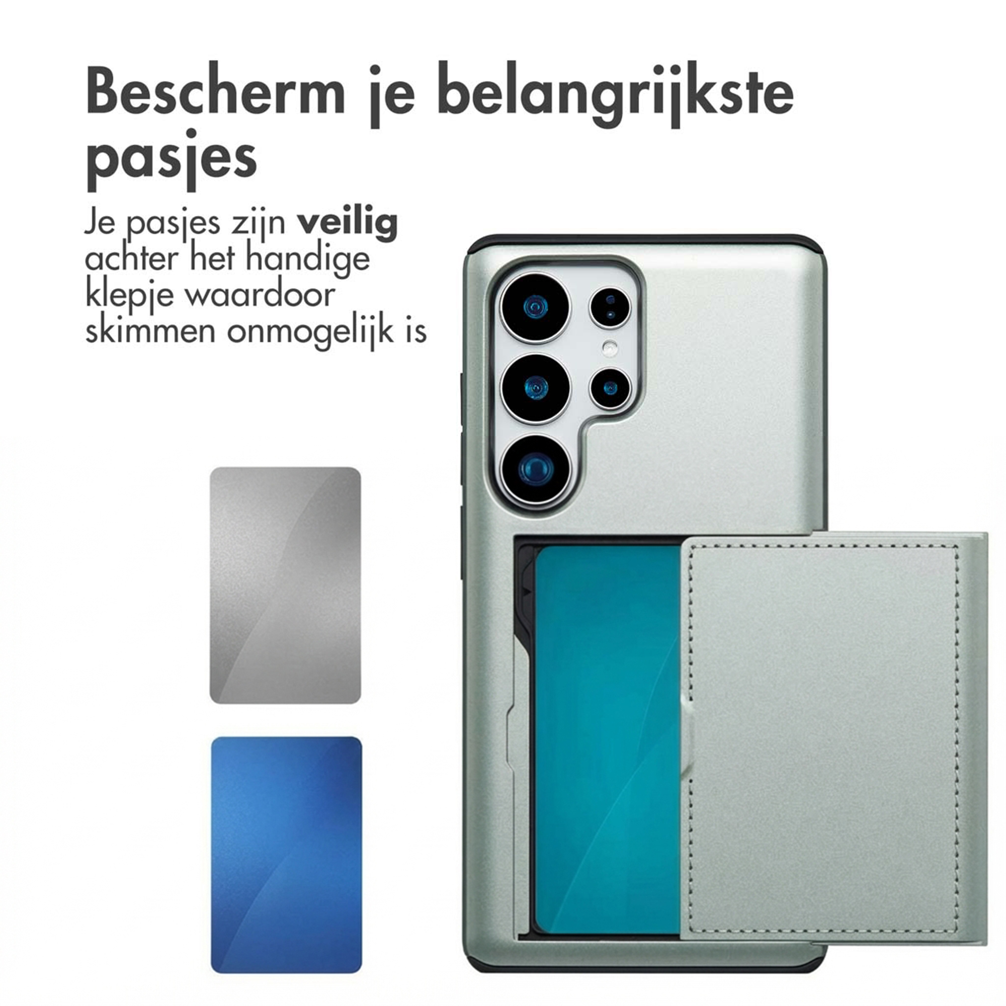 Een zilveren telefoonhoes met kaartsleuf en twee voorbeeldkaarten ernaast.