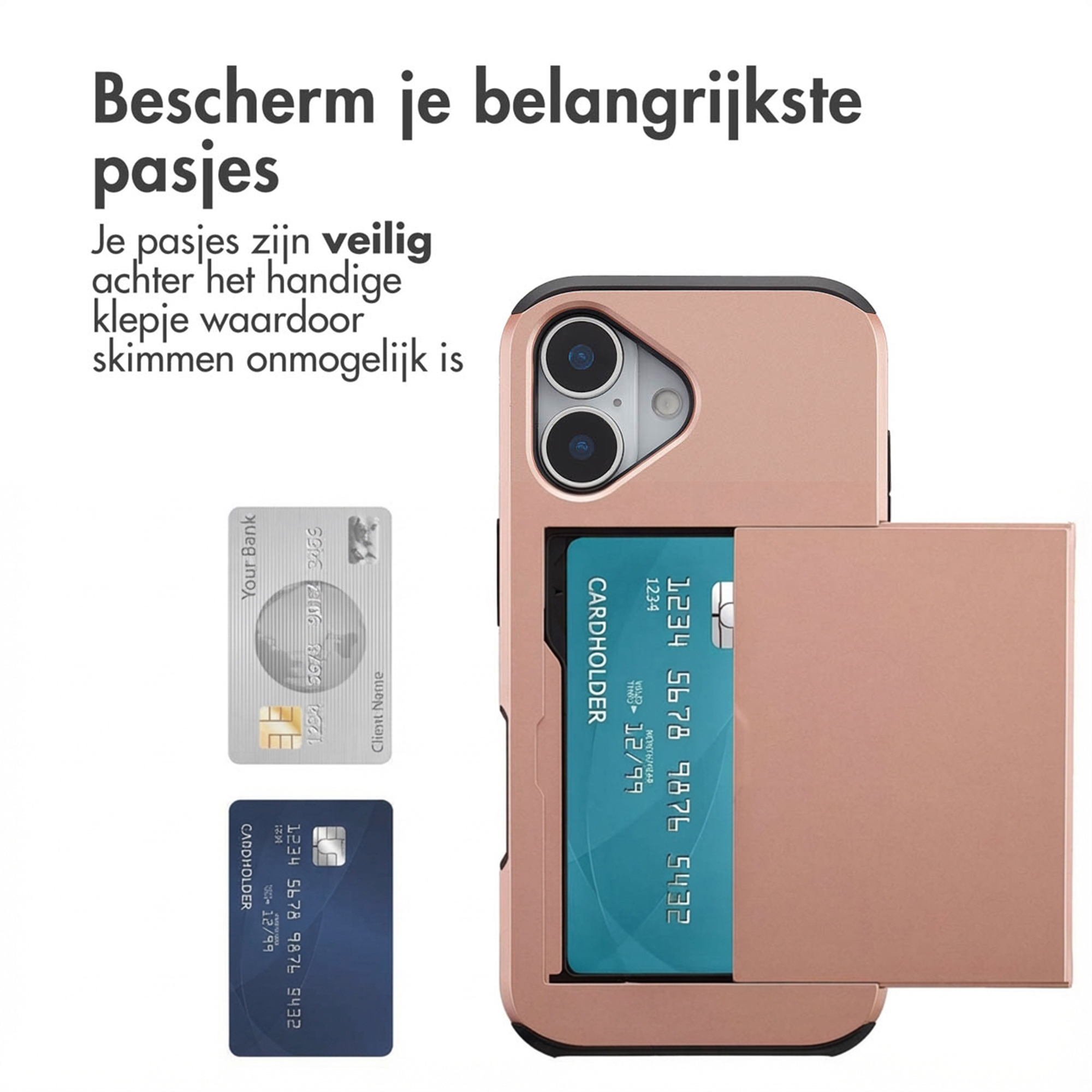 Een roségouden telefoonhoesje met kaarthouder, met twee kaarten.