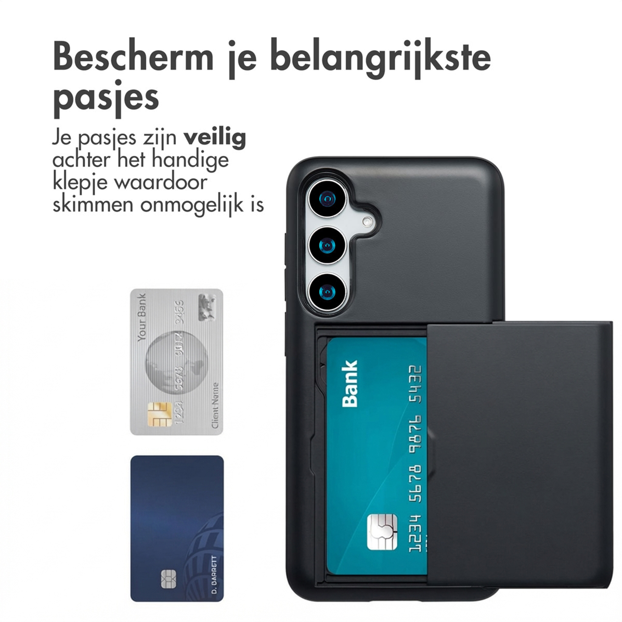 Zwarte telefoonhoes met kaarthouder toont twee creditcards en een bankpas.
