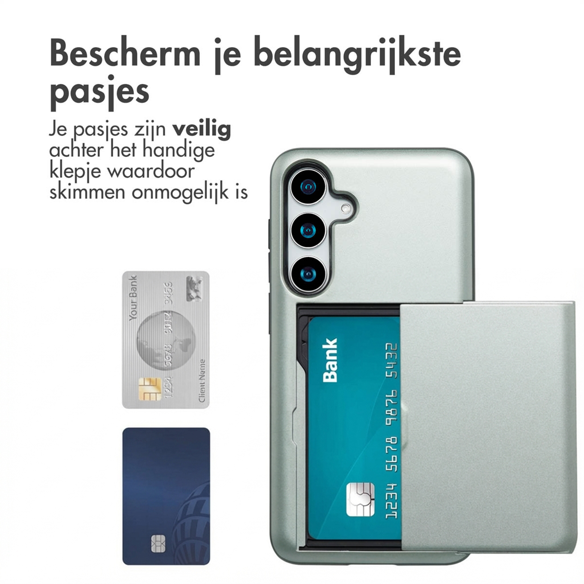 Un étui de téléphone vert clair avec un emplacement pour cartes, montrant deux cartes.