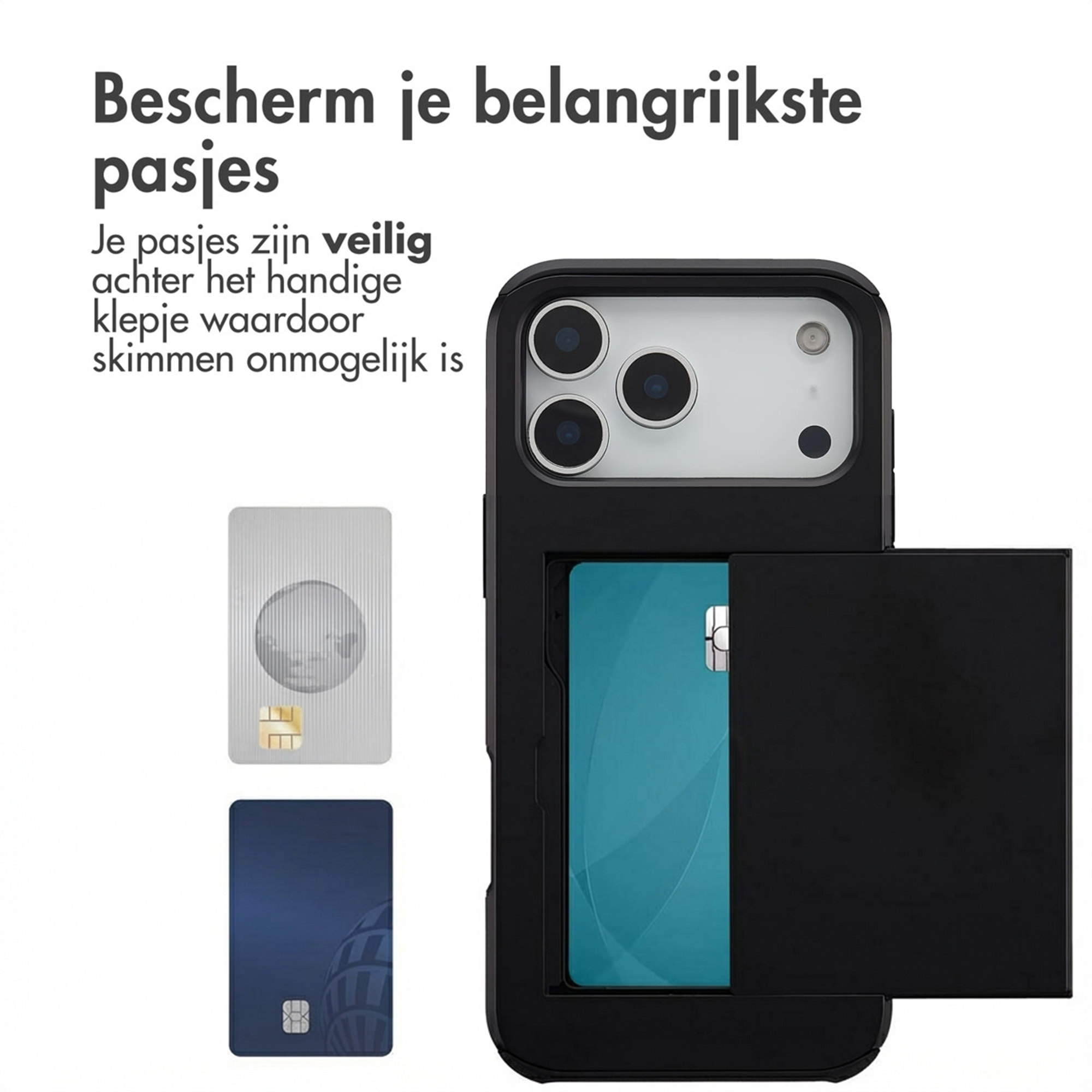 Coque de téléphone noire avec fente pour carte. Montre deux cartes.