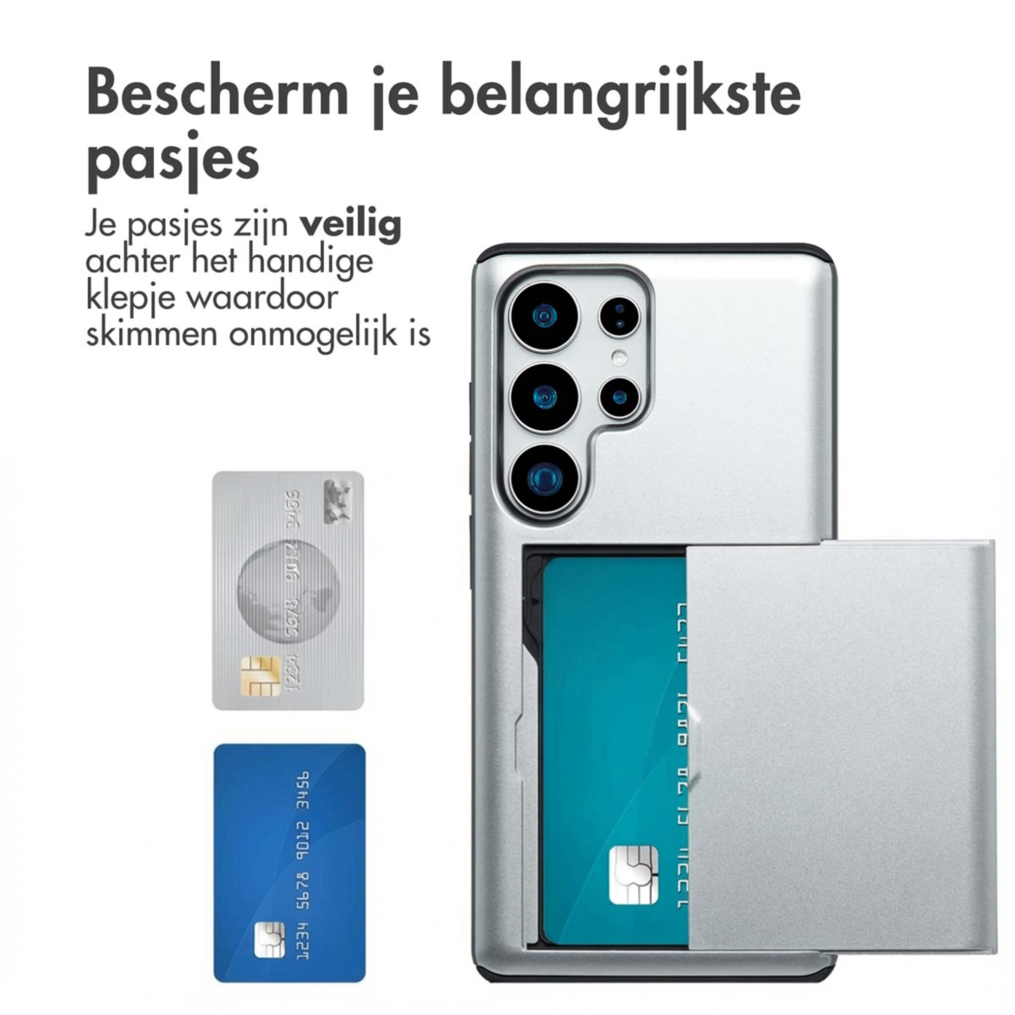 Zilveren telefoon met kaartsleuf, twee kaarten ernaast.