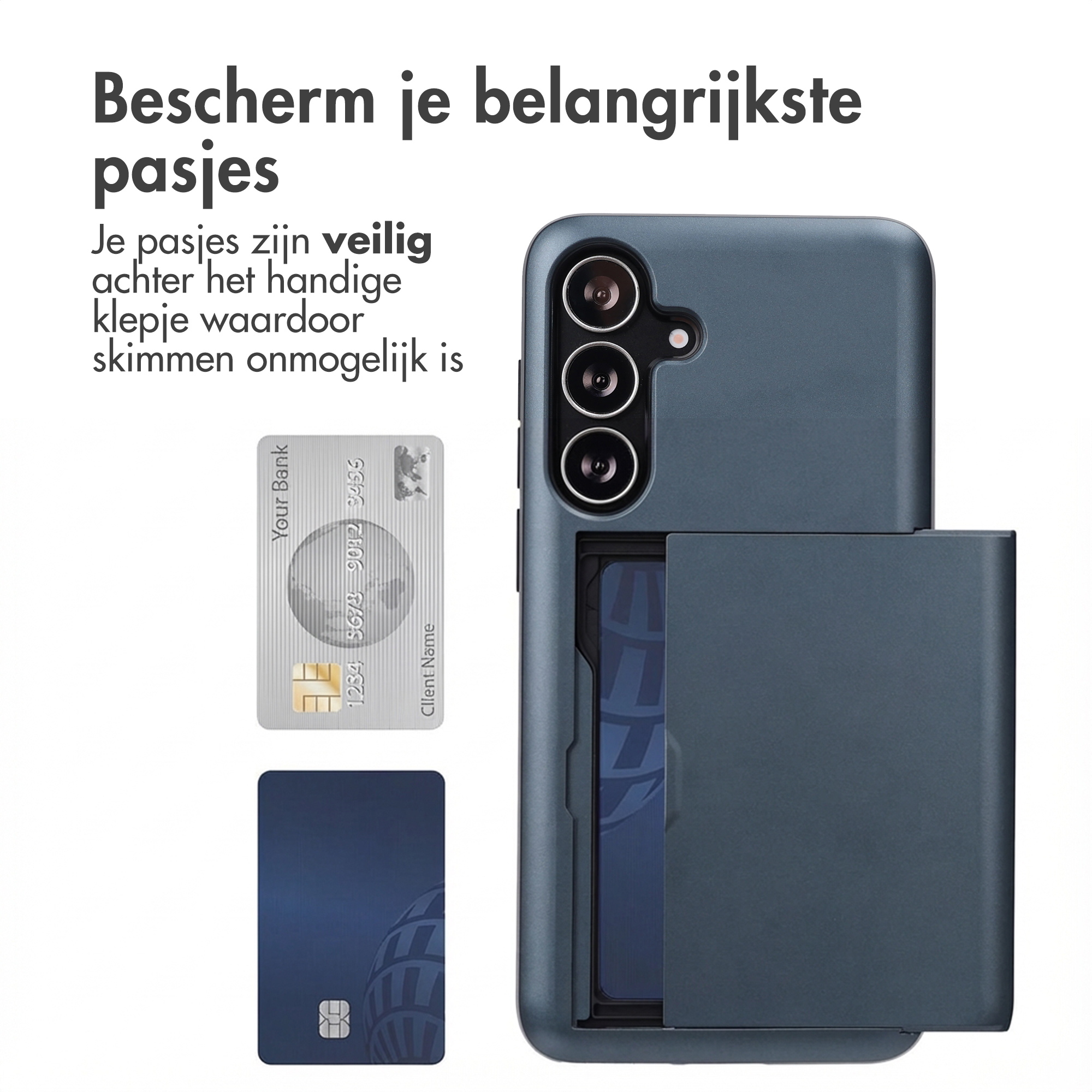 Grijze telefoonhoes met kaarthouder. Toont bankpas en blauwe kaart.