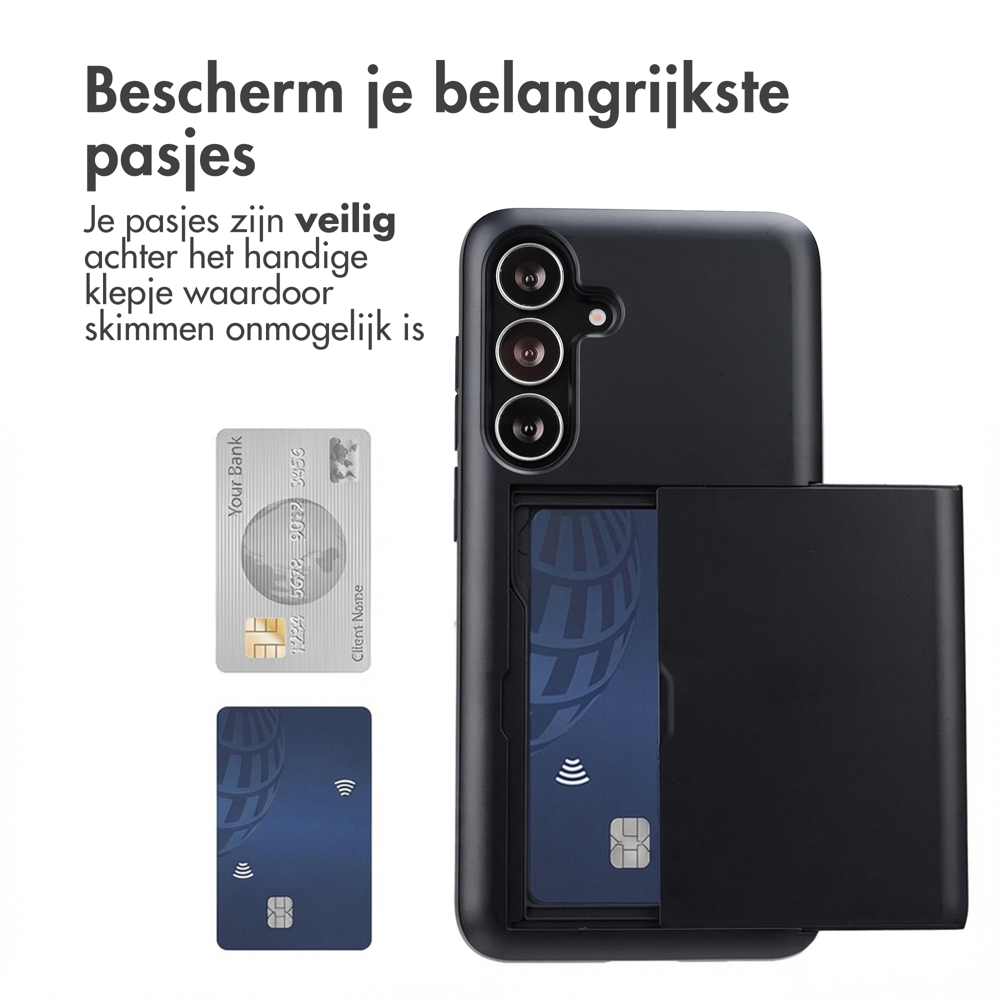 Coque de téléphone noire avec fente pour carte, montrant des cartes de crédit.