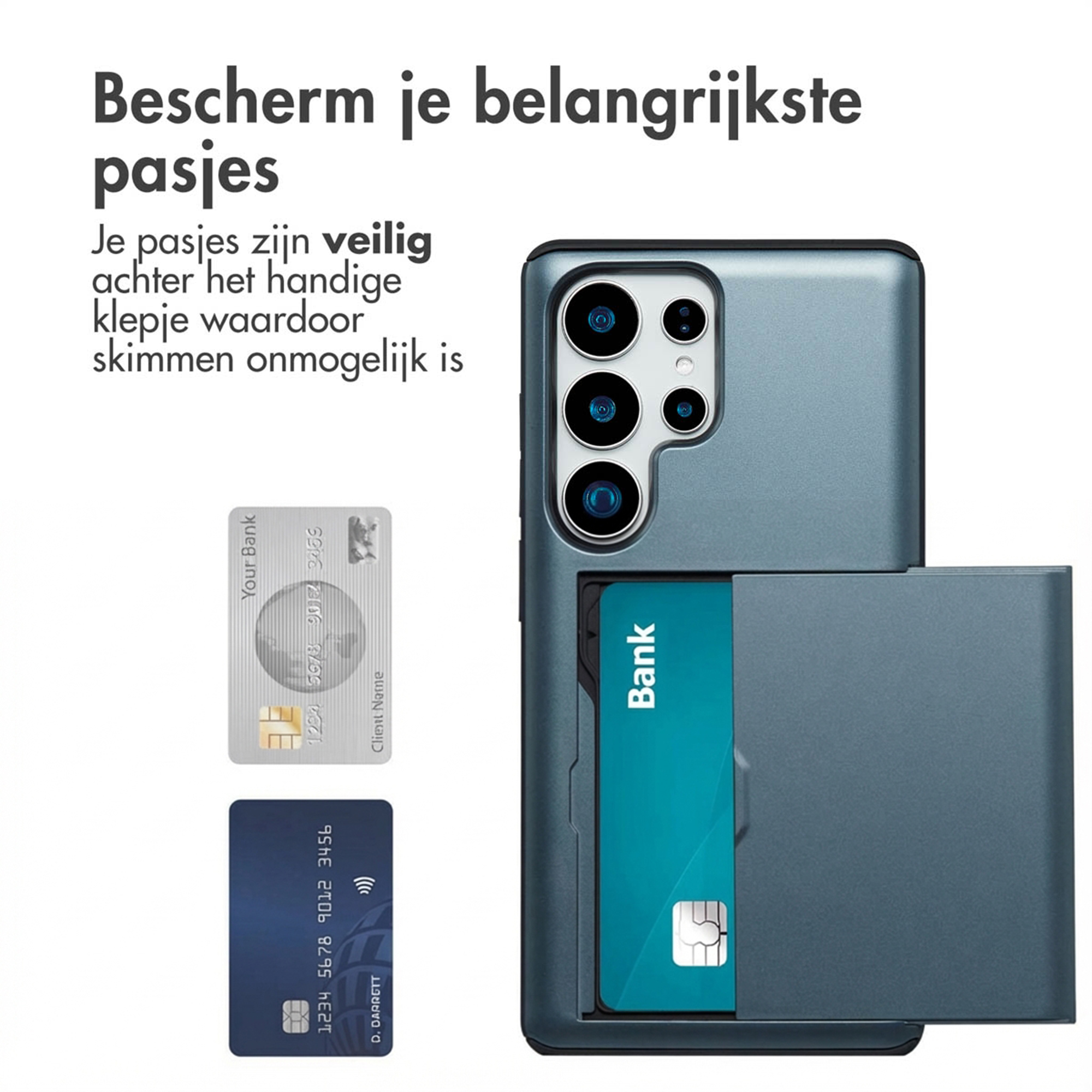 Een grijze telefoon met kaarthouder en twee kaarten ernaast.