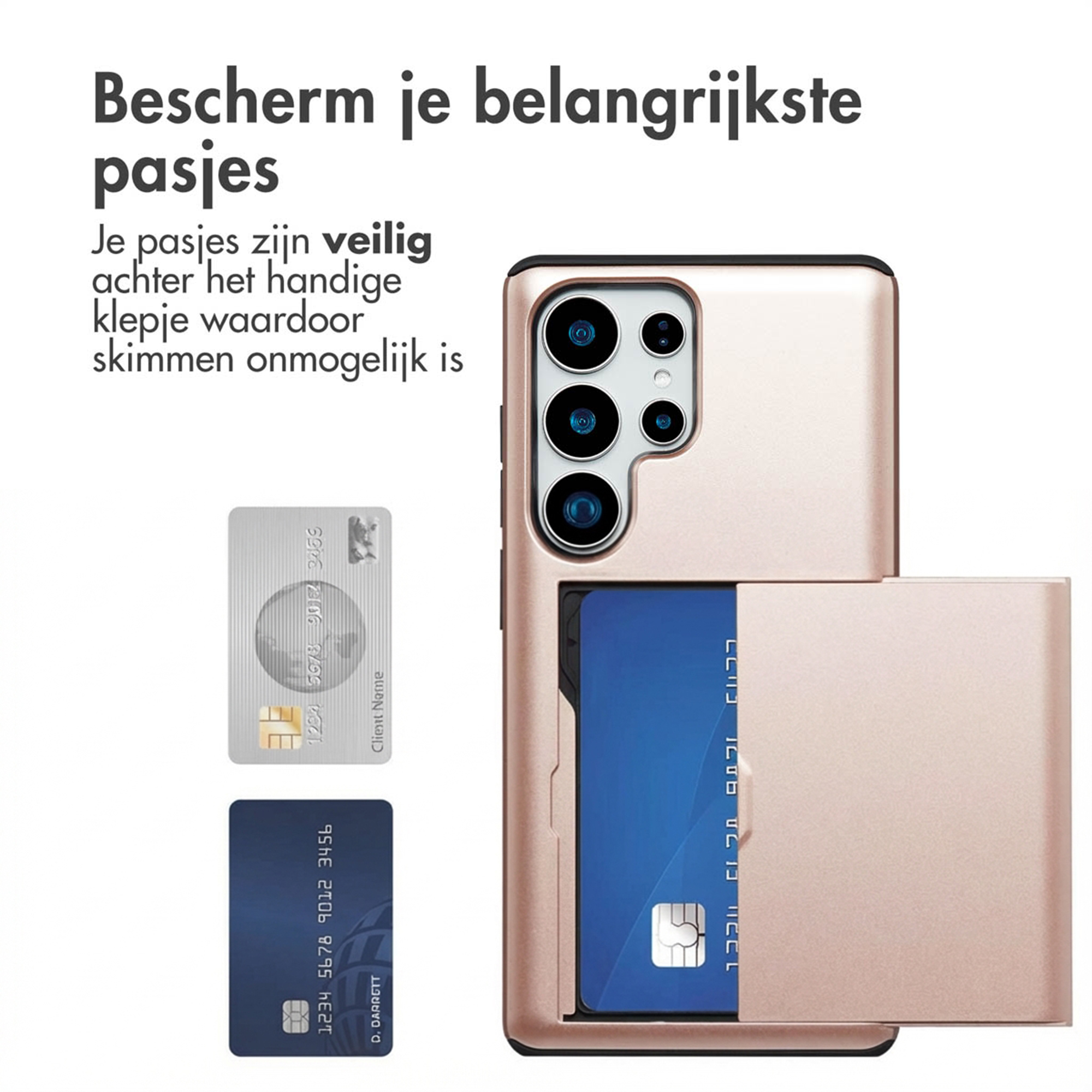 Een roségouden telefoonhoesje met kaarthouder toont twee creditcards.