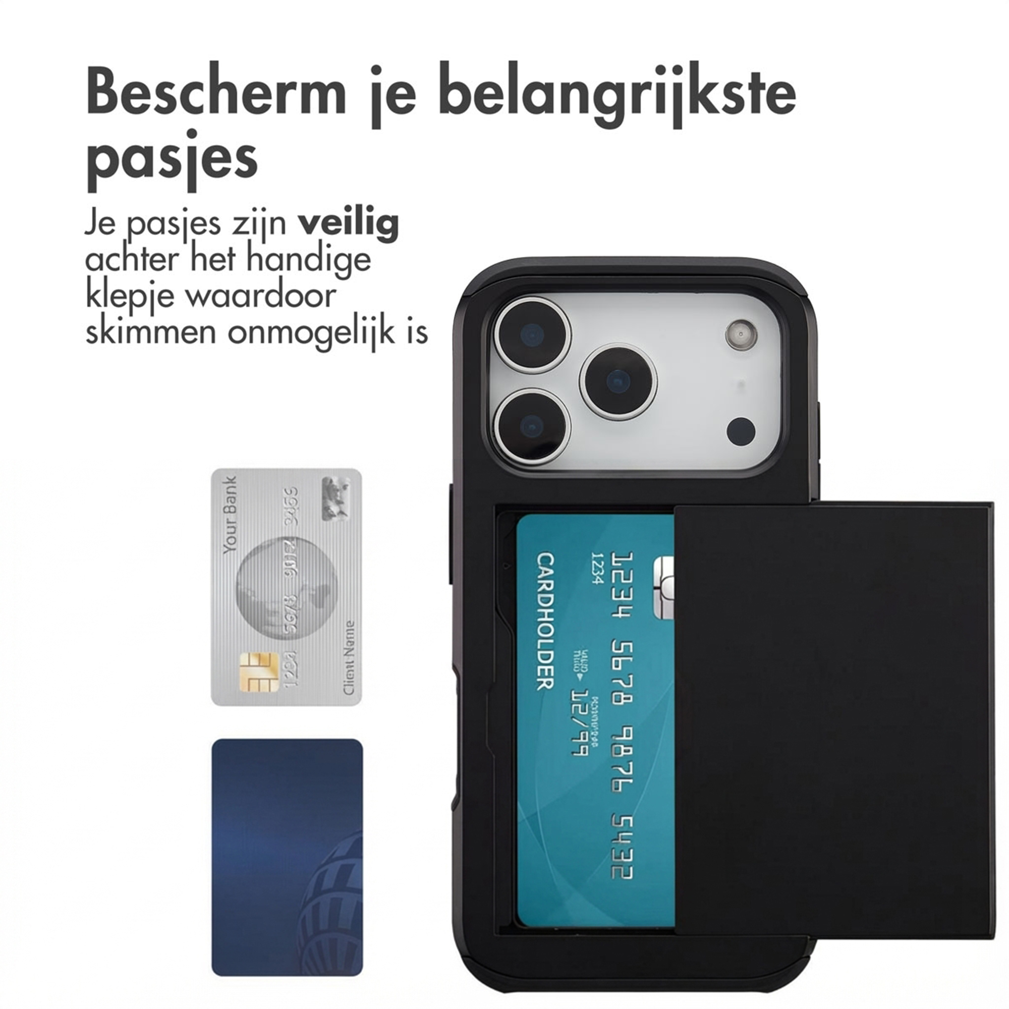 Zwarte telefoonhoes met kaarthouder en een blauwe creditcard.
