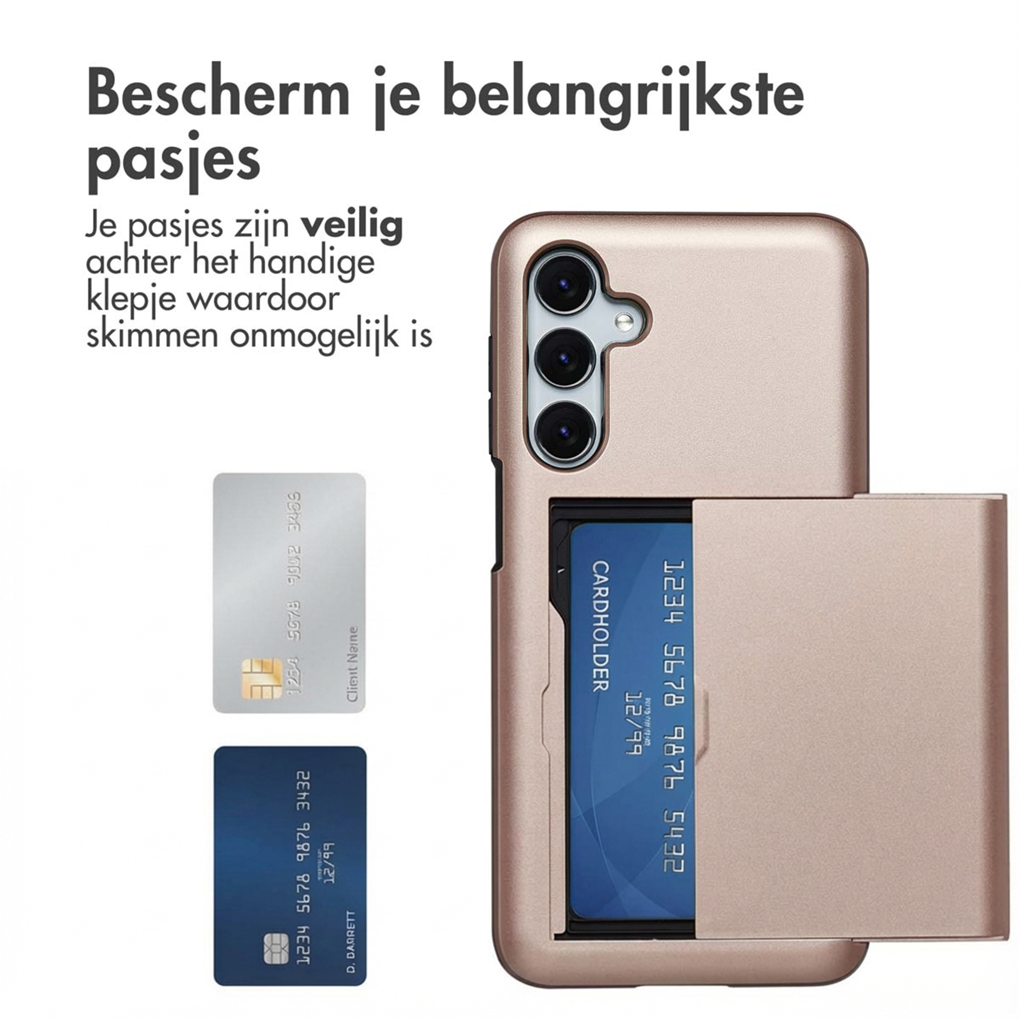 Eine roségoldene Handyhülle mit Kartenfächern und zwei Beispielkarten.