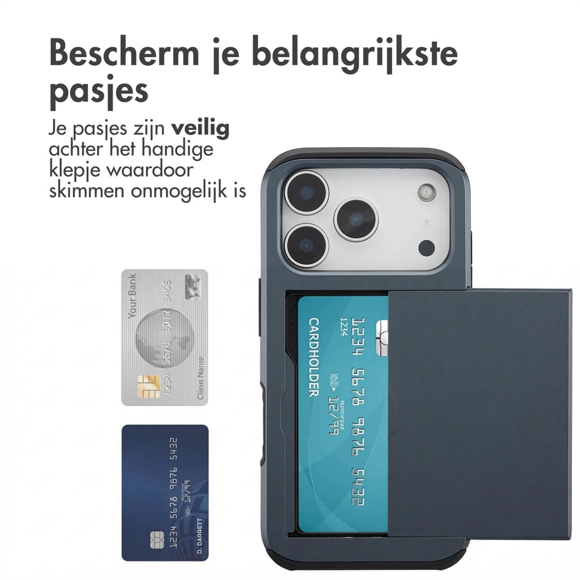iPhone hoes met kaarthouder, toont creditcards.