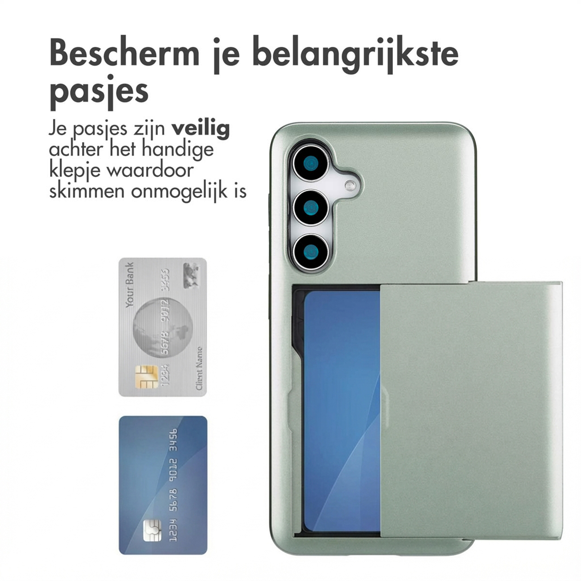 Un téléphone vert clair avec un rabat protégeant les cartes, et deux cartes d'exemple sont présentées.