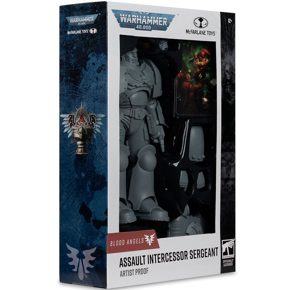 Grauer Warhammer 40k Assault Intercessor Sergeant Actionfigur in Originalverpackung.