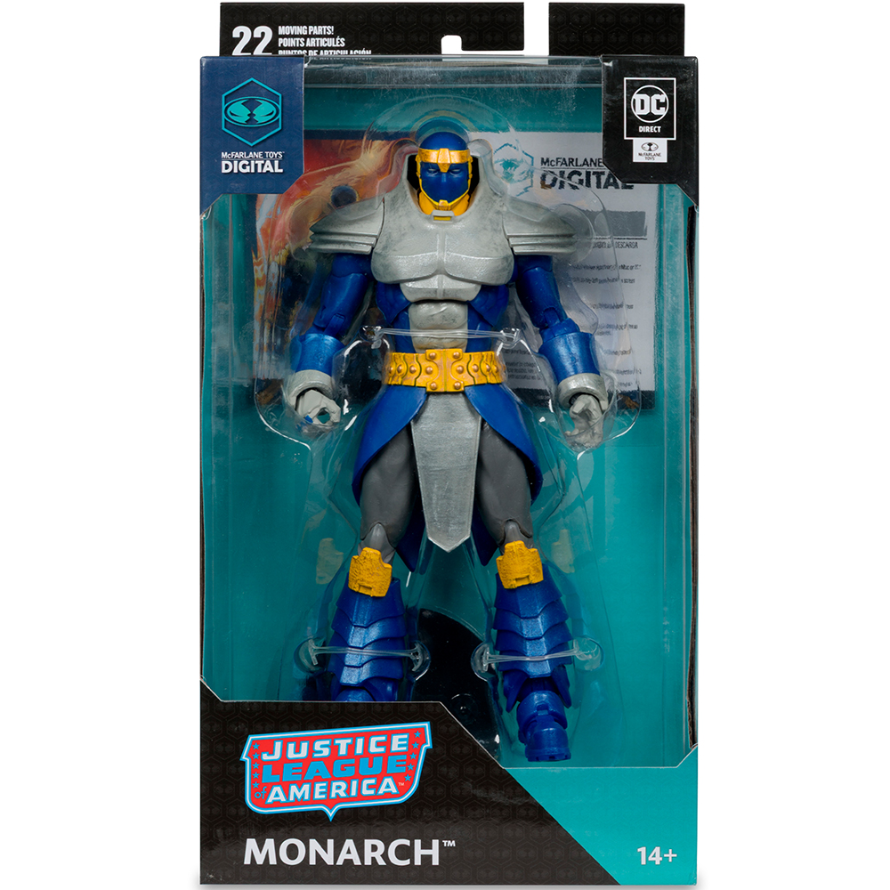 Action figure di Monarch in armatura blu e argento con accenti gialli.