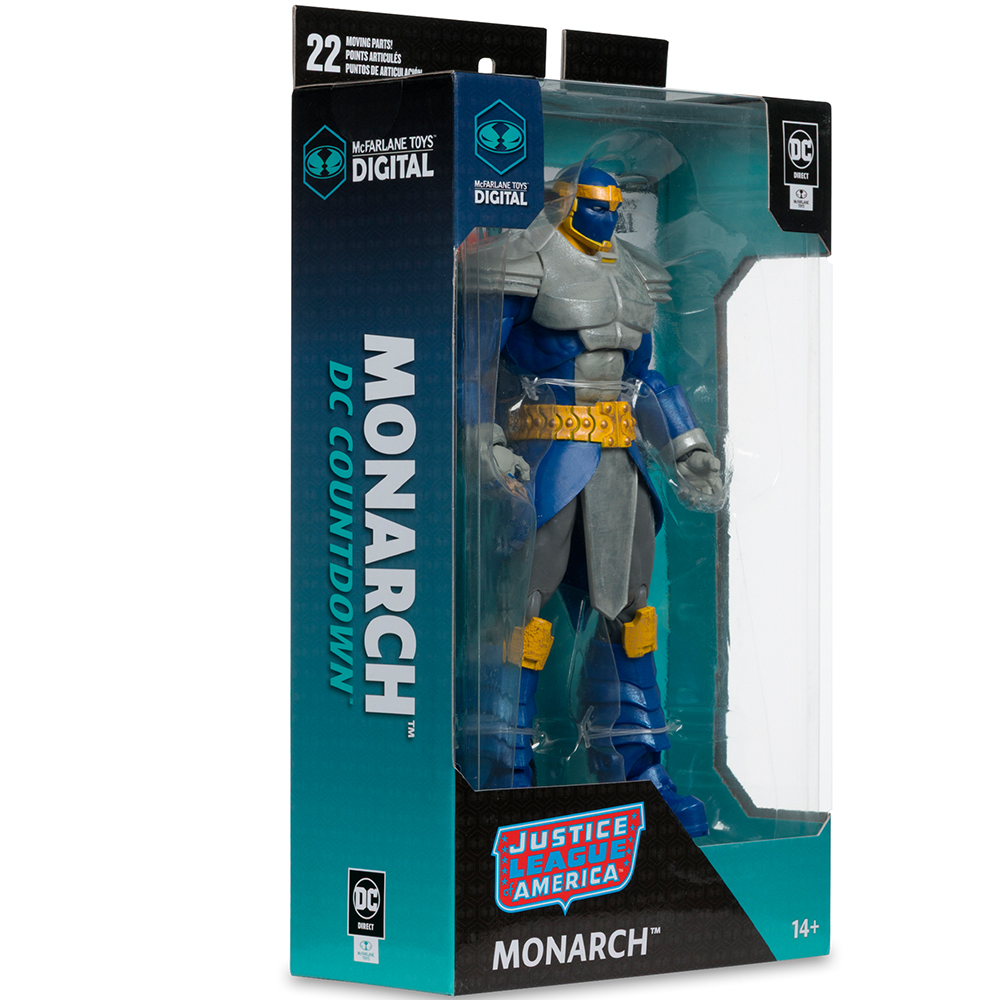 Action figure Monarch in armatura blu e argento in confezione.