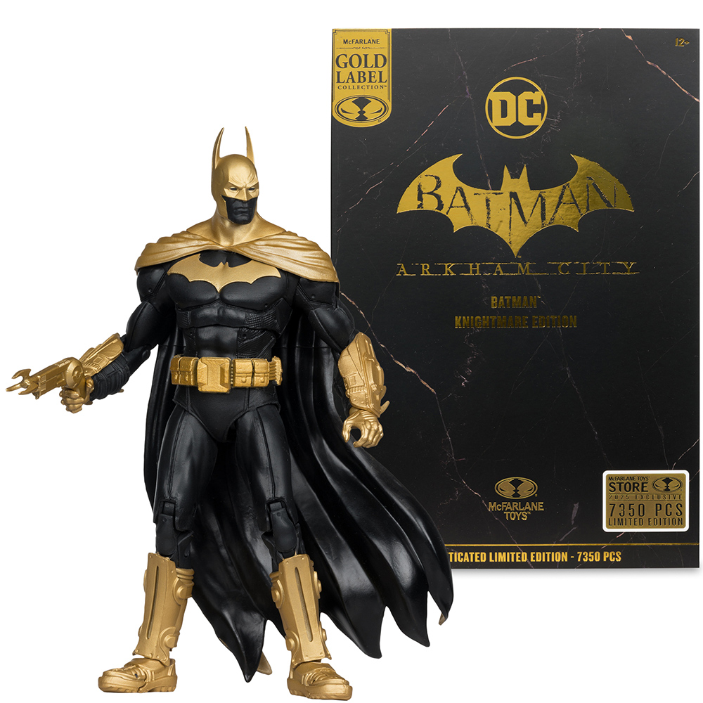 Action figure di Batman nera e oro con confezione Arkham City.