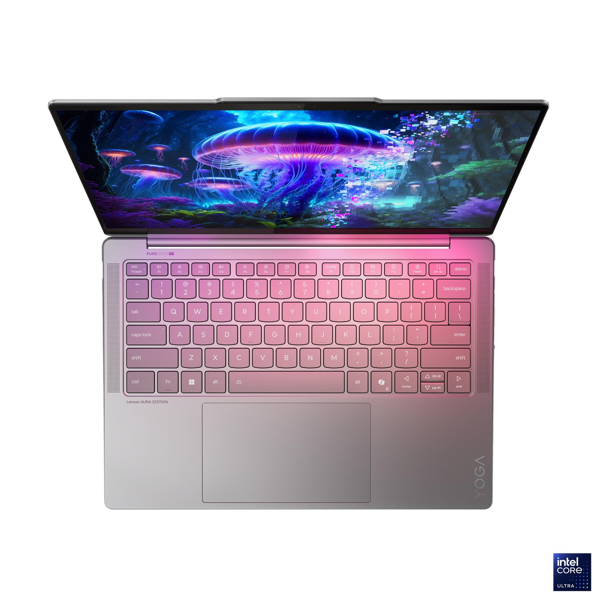 Un laptop aperto con uno sfondo vivido a tema meduse.