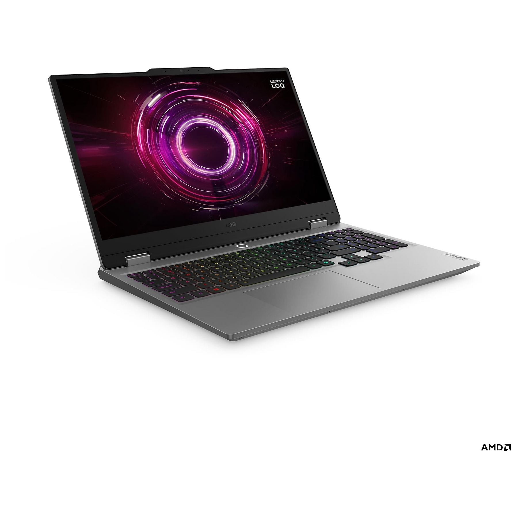 Laptop Lenovo grigio con tastiera colorata e sfondo circolare rosa.