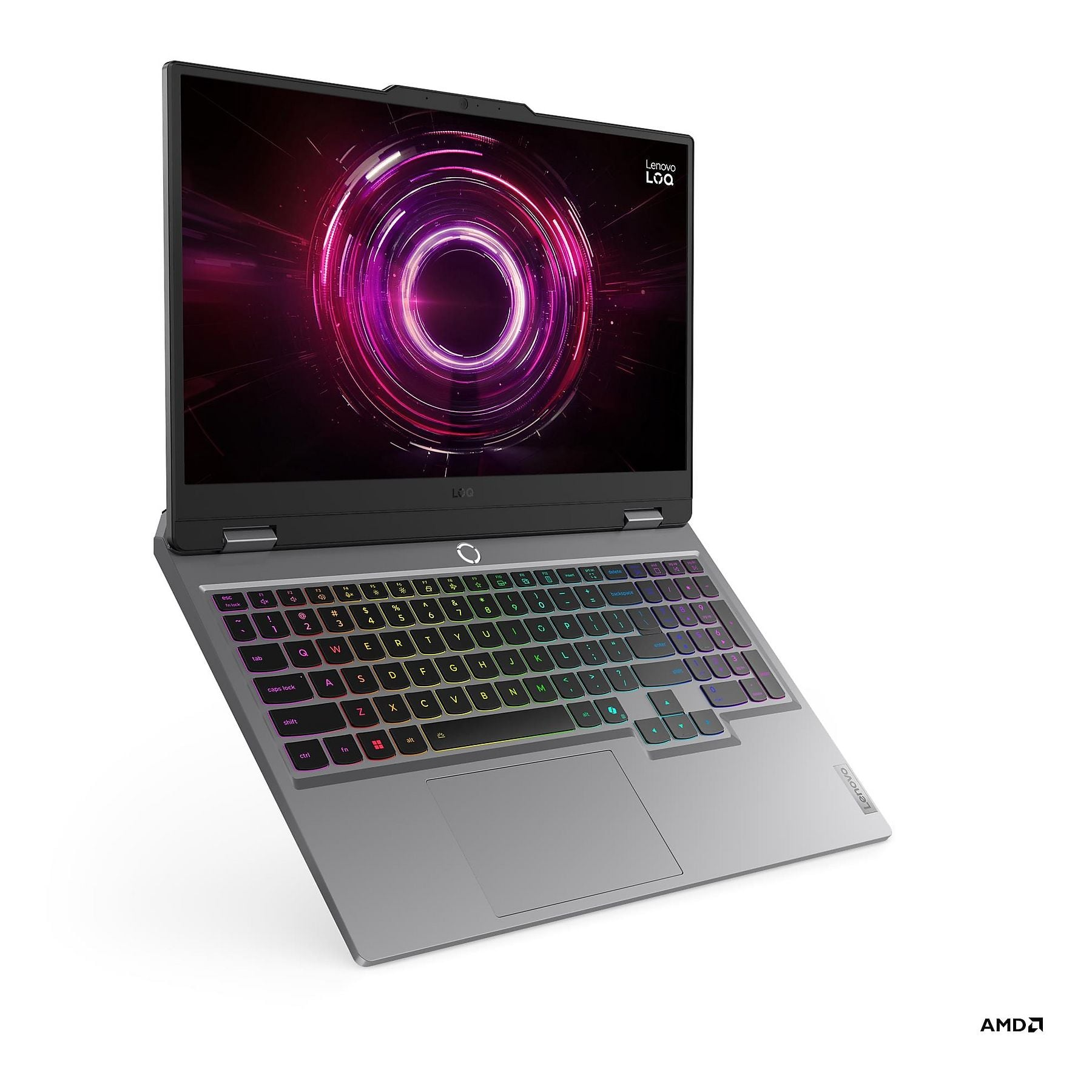 Laptop grigio con tastiera illuminata e grafica viola-rosa sullo schermo.
