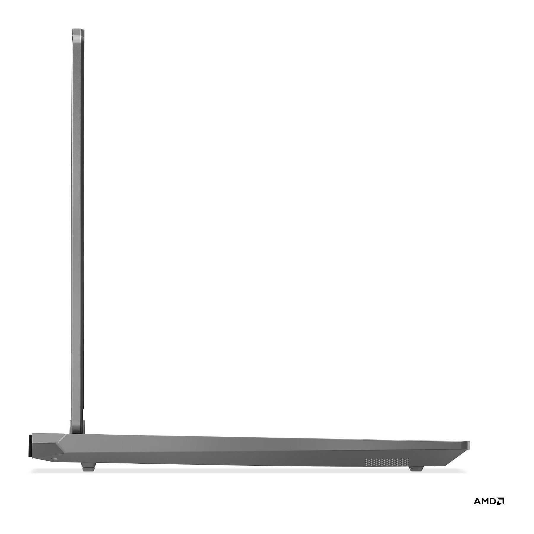 Profilo laptop grigio con logo AMD su sfondo bianco.