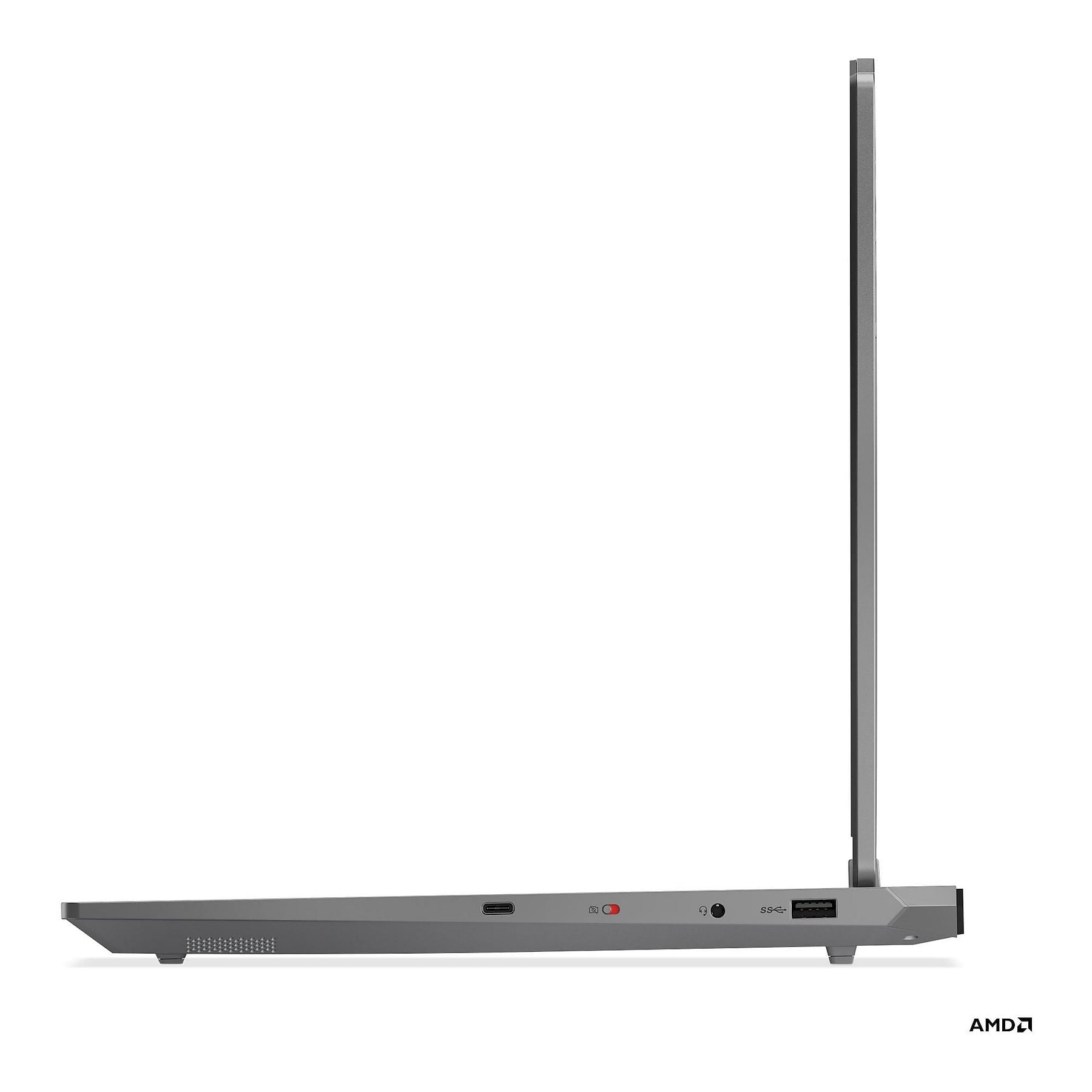 Laptop grigio vista laterale con porte: USB-C, jack cuffie e USB-A.
