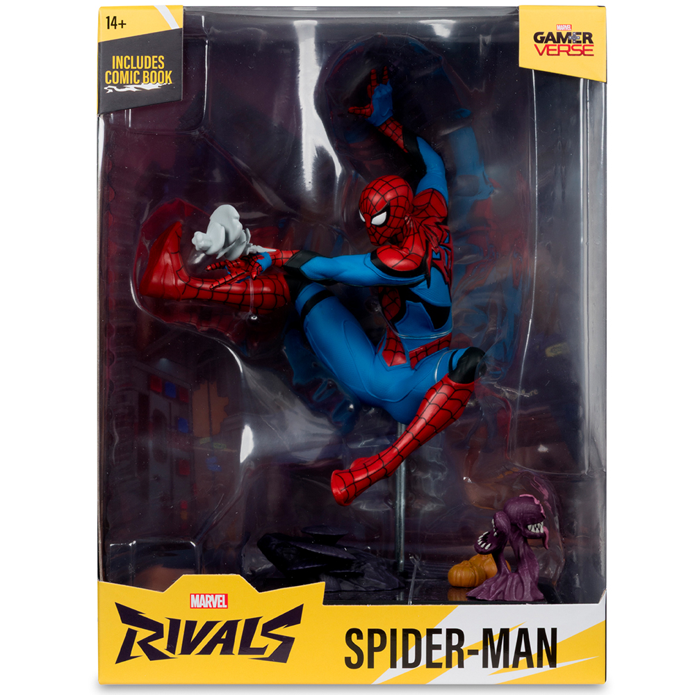 Spider-Man-Figur in Actionpose mit einem lila Monster und einem Comic-Buch-Hinweis.