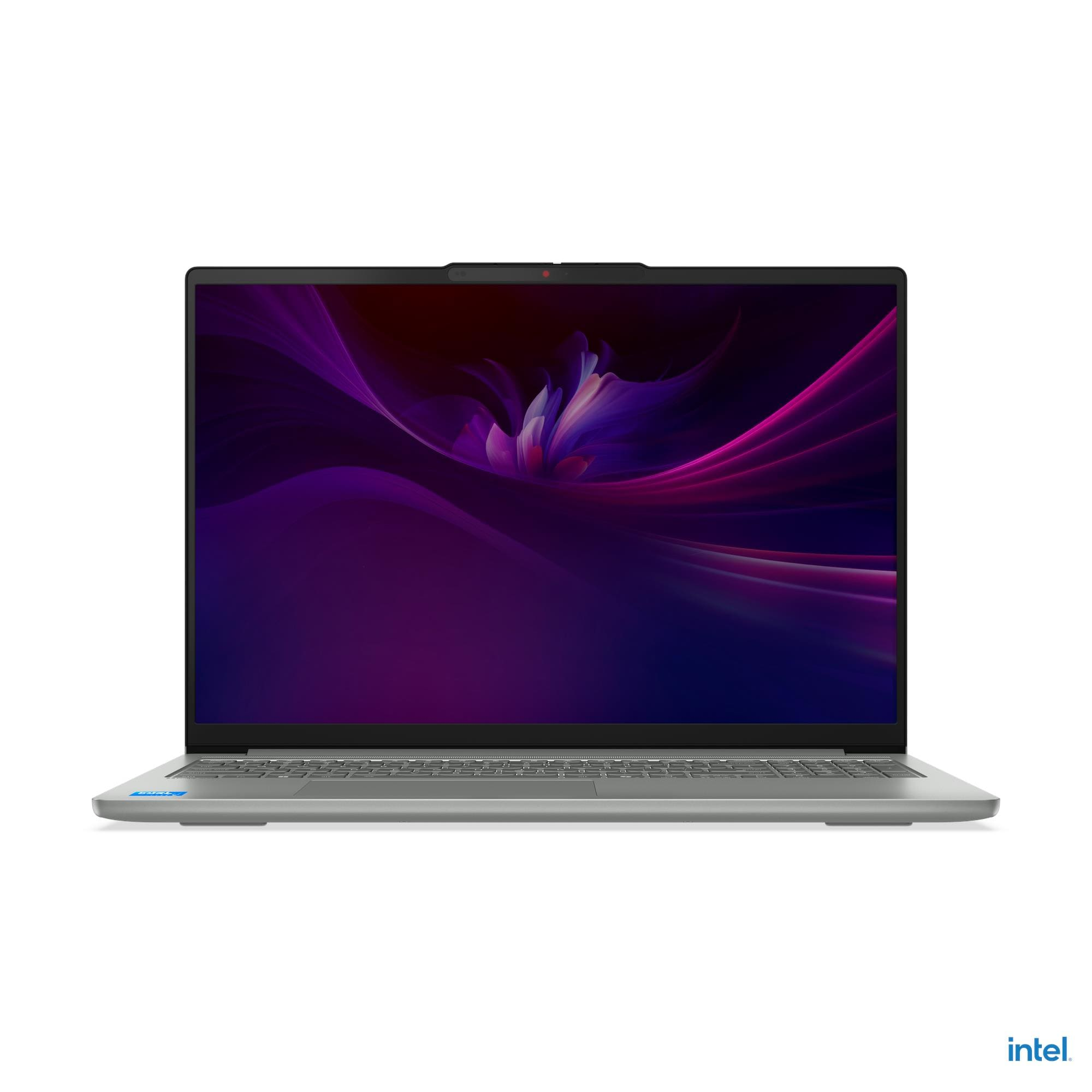 Un laptop argentato con uno sfondo astratto viola e blu.