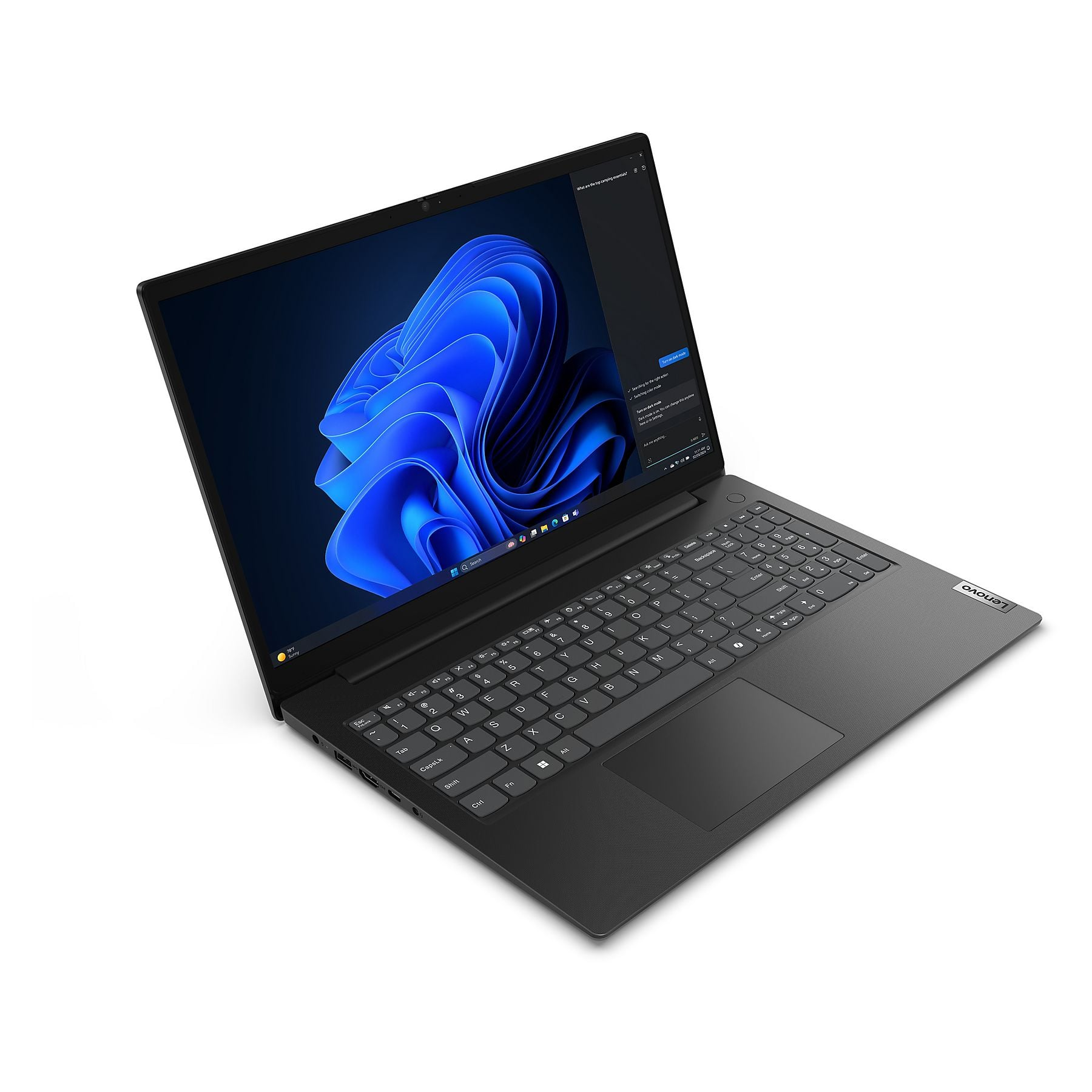 Un laptop Lenovo nero che mostra uno sfondo astratto blu.
