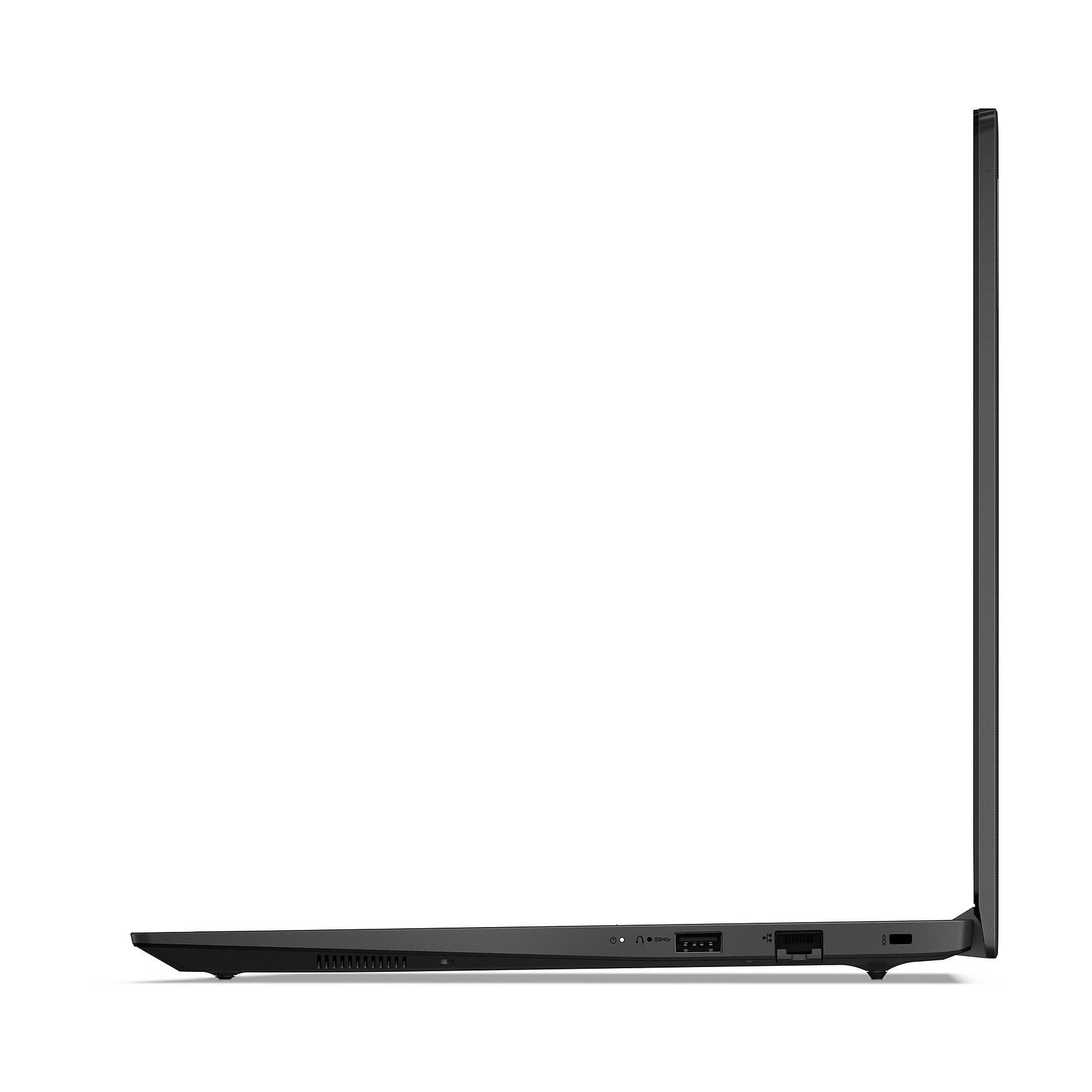 Un laptop nero di profilo, che mostra porte USB e fessure di ventilazione.