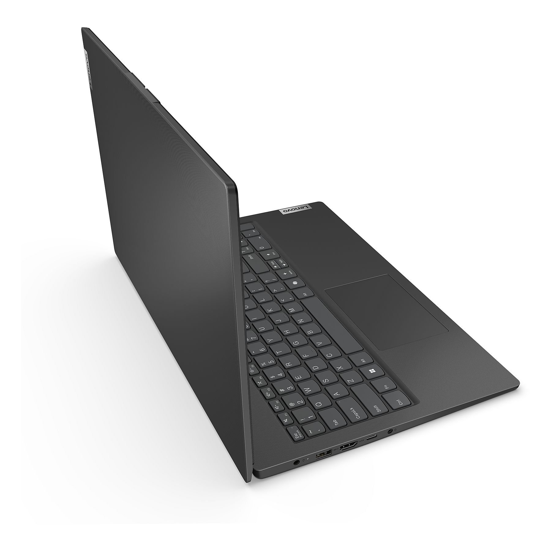 Un laptop Lenovo scuro che mostra tastiera e touchpad, su sfondo bianco.