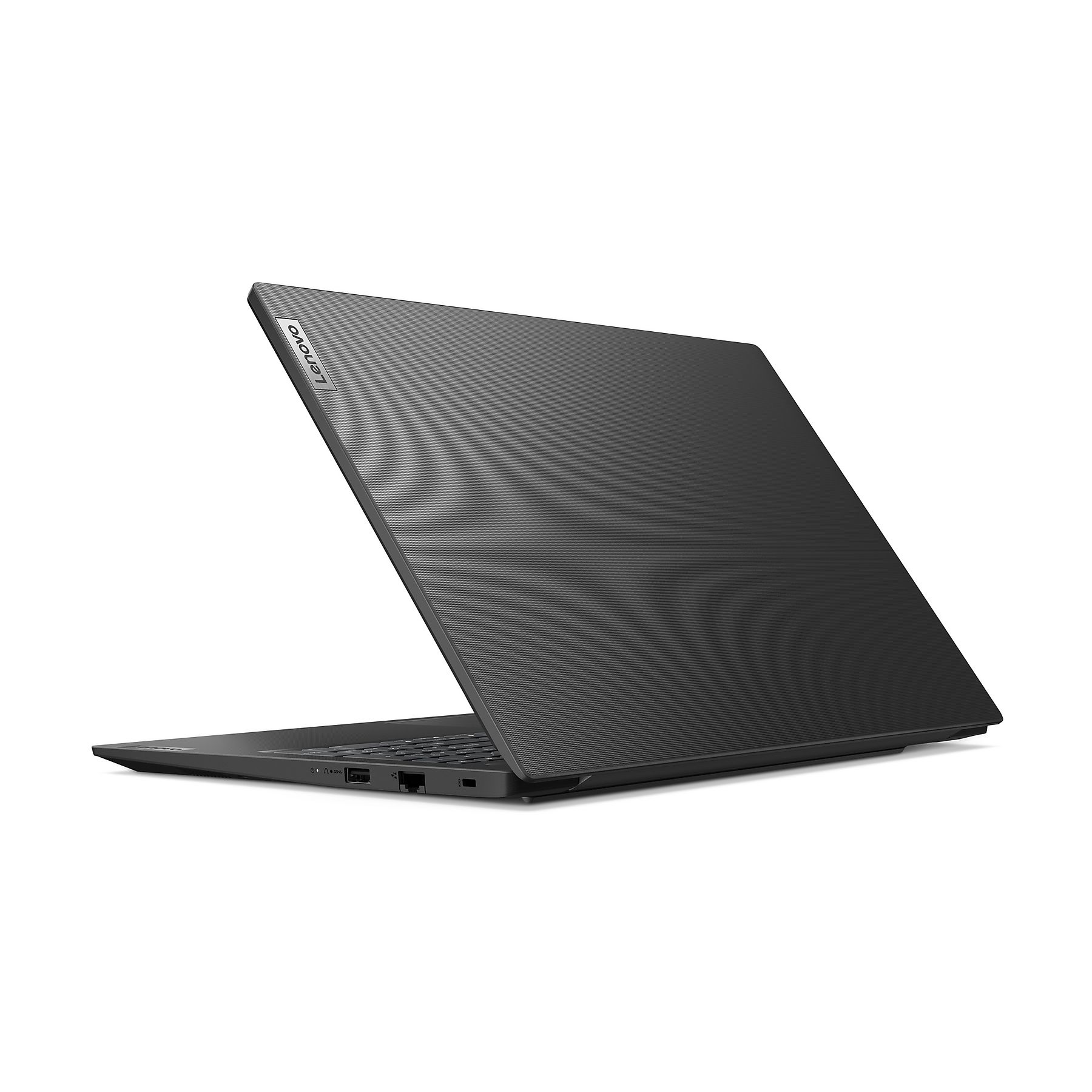 Laptop Lenovo nero con coperchio a coste, visto da dietro.