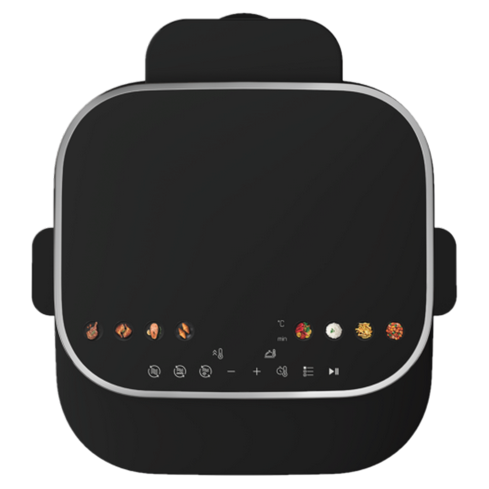 Pannello di controllo nero con icone di cottura e controlli digitali.