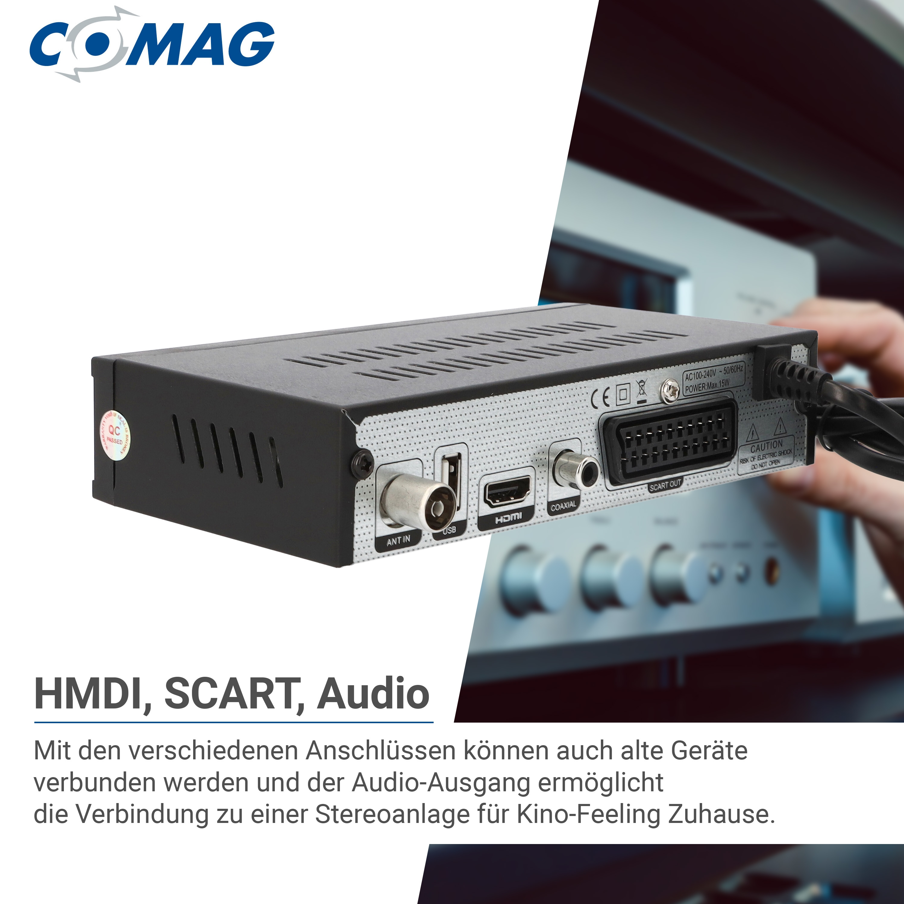 Ein schwarzer Receiver mit Anschlüssen wie HDMI, SCART und USB.