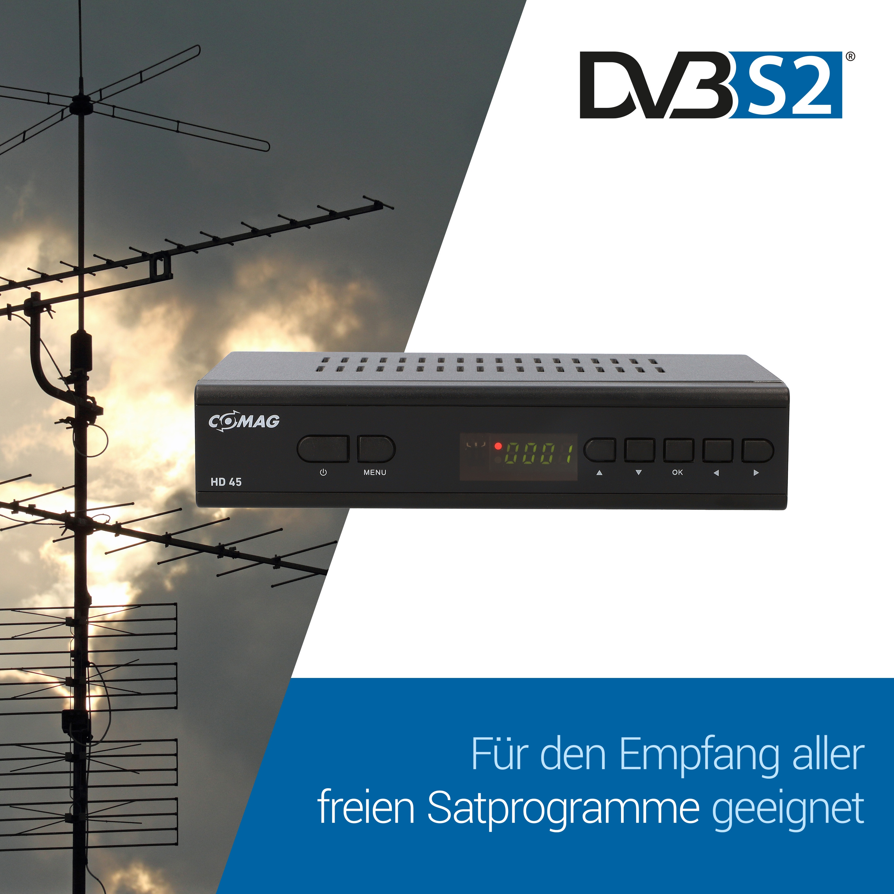 Ein schwarzer Sat-Receiver mit Antenne und DVB-S2 Logo.