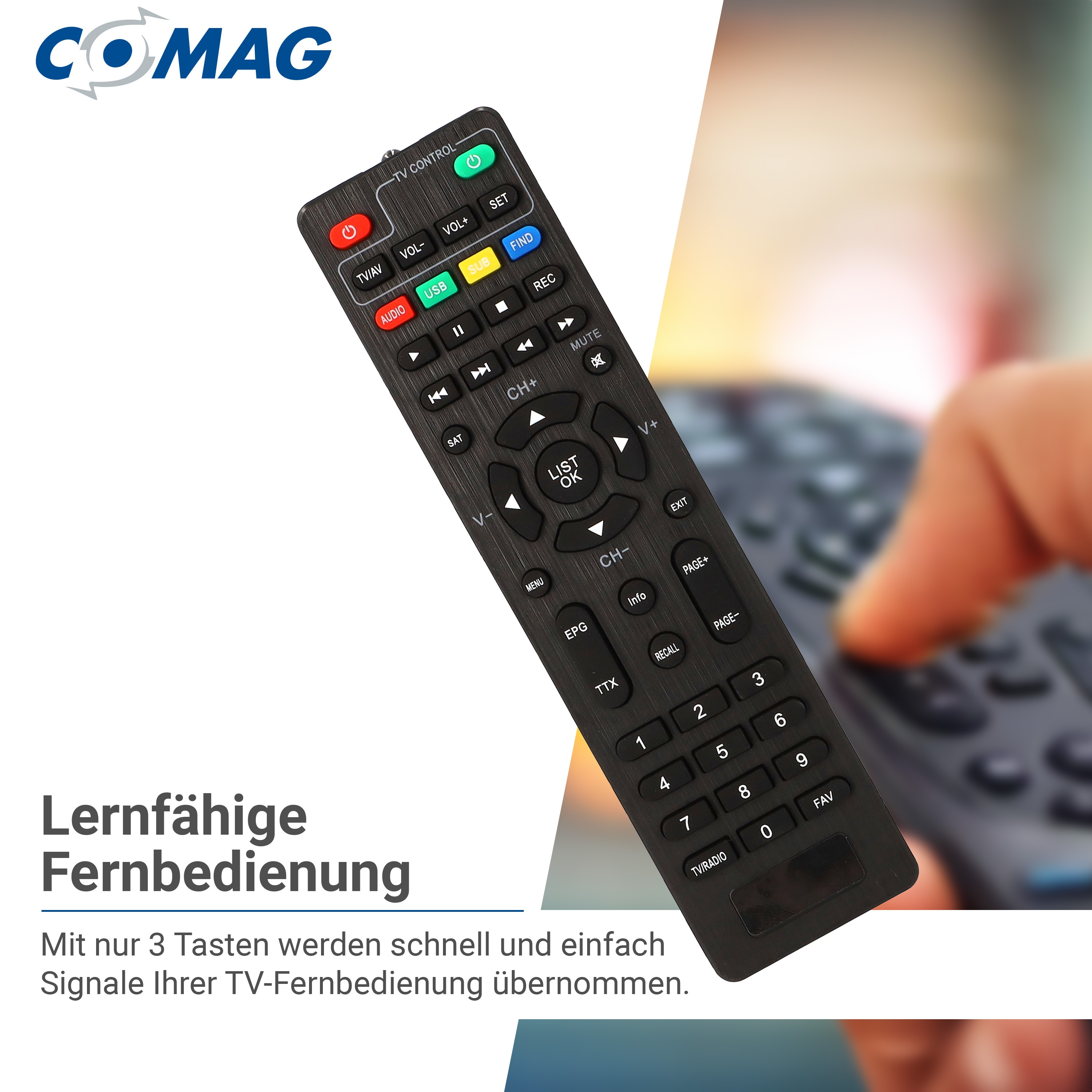 Eine schwarze Universalfernbedienung mit vielen Tasten, auf weißem Grund.