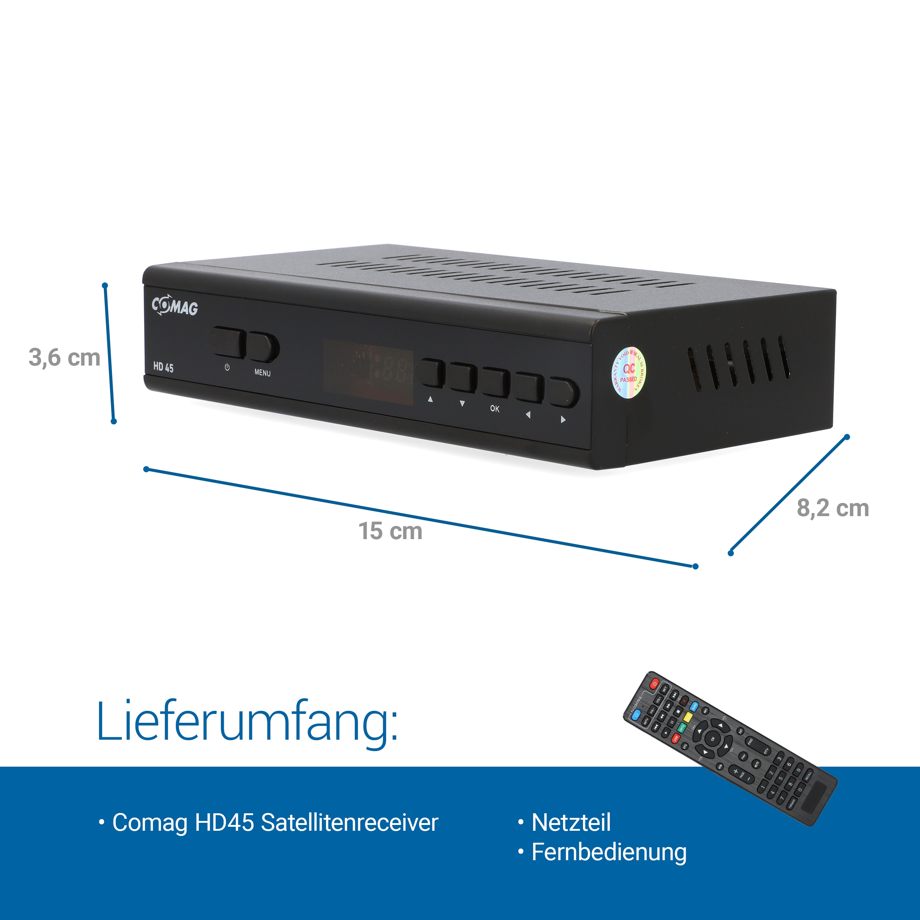 Schwarzer Satellitenreceiver mit Fernbedienung und Maßen 15x8,2x3,6 cm.
