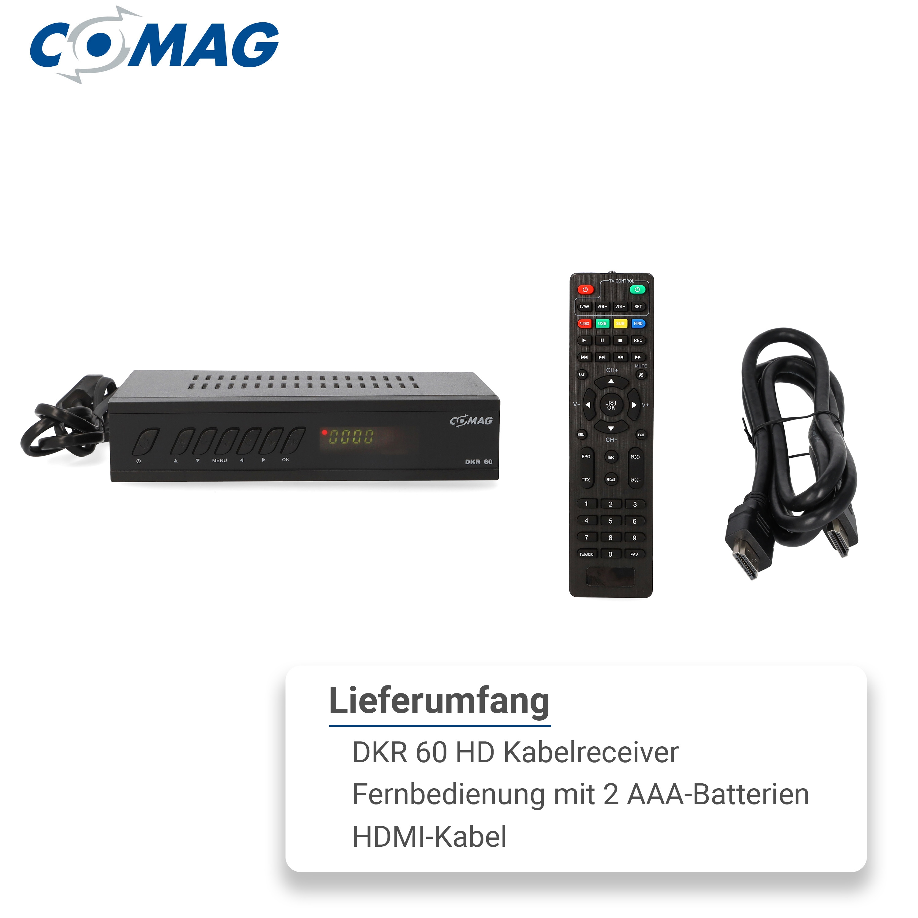 Schwarzer Kabelreceiver mit Fernbedienung, HDMI-Kabel und Stromkabel.