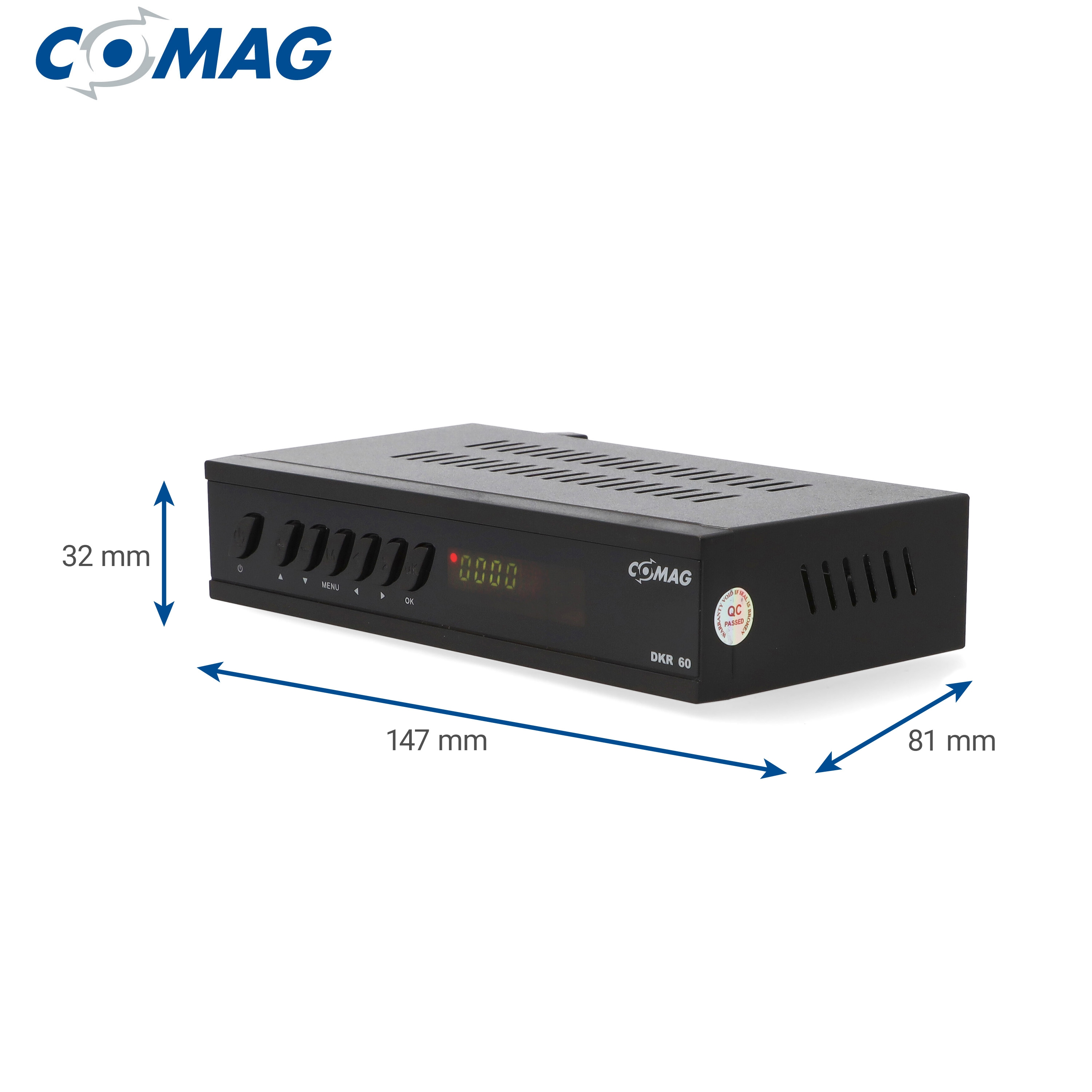 Schwarzes COmag DKR 60 Gerät mit Maßen 147x81x32mm und Display.