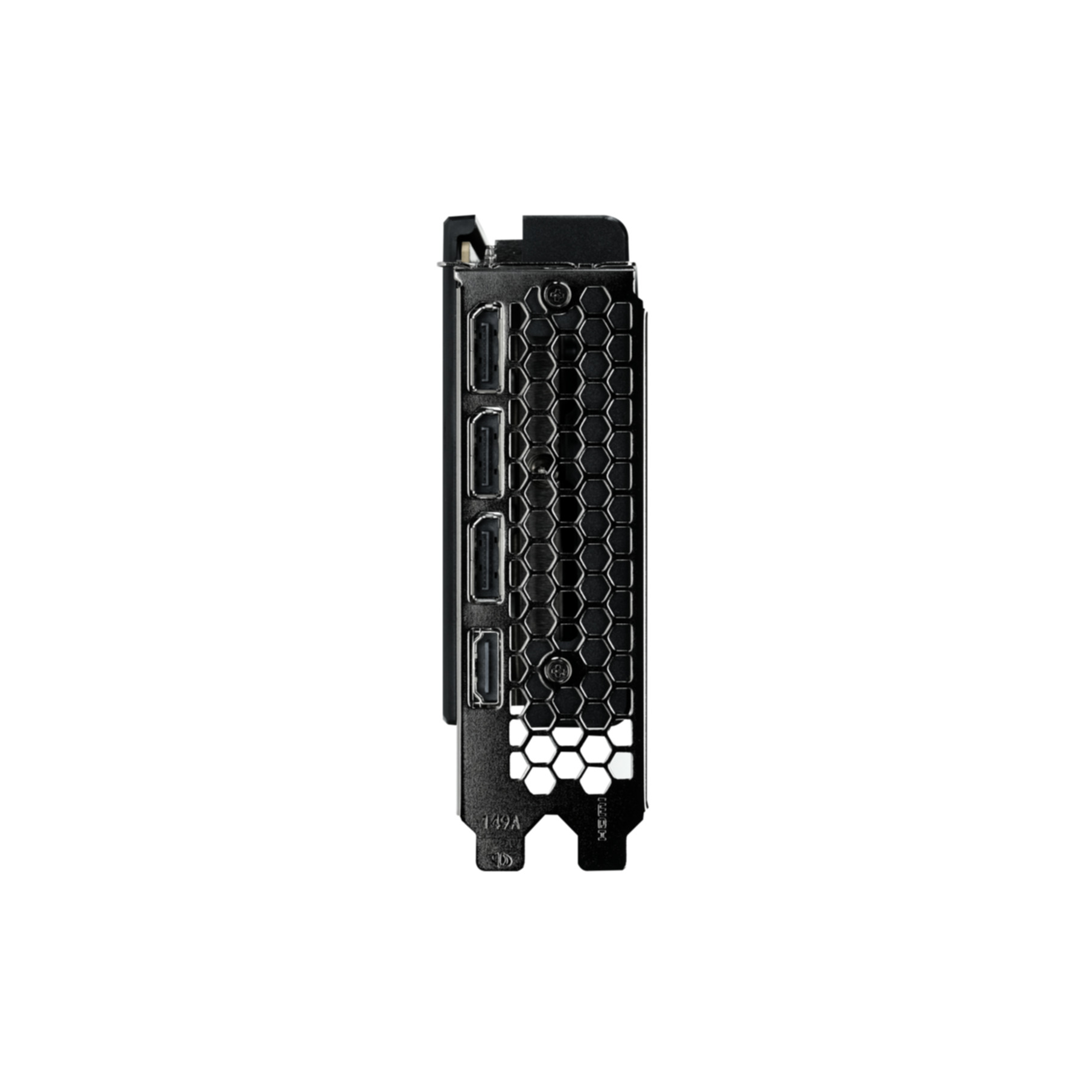 Back of a graphics card with four ports and a honeycomb pattern.