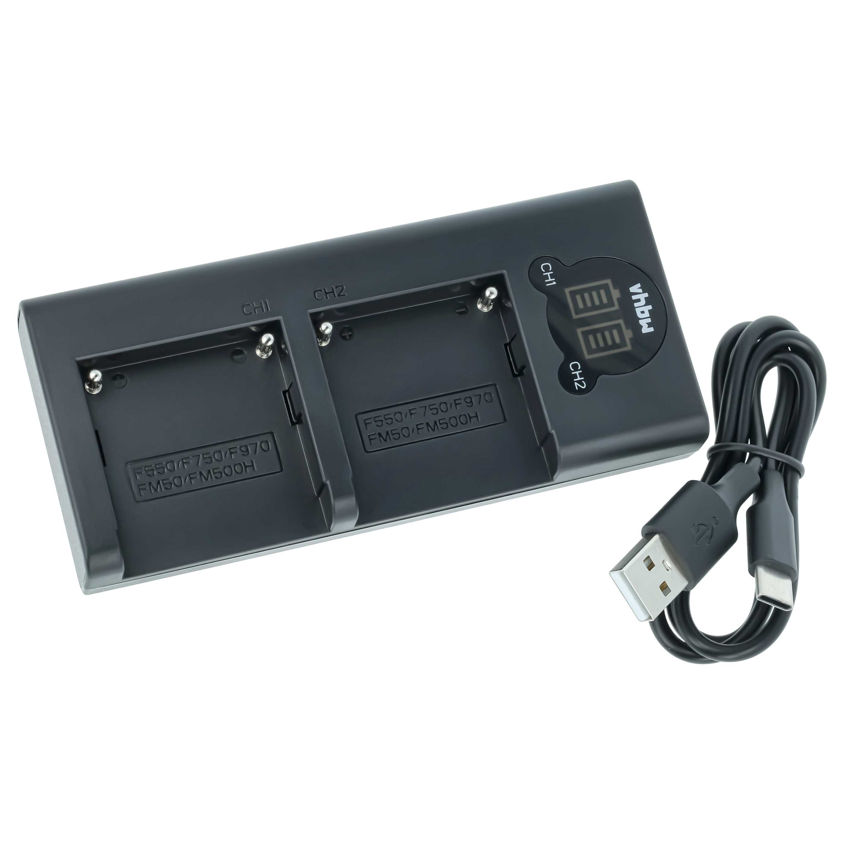 Ein schwarzes Ladegerät für zwei Akkus mit USB-C-Kabel.