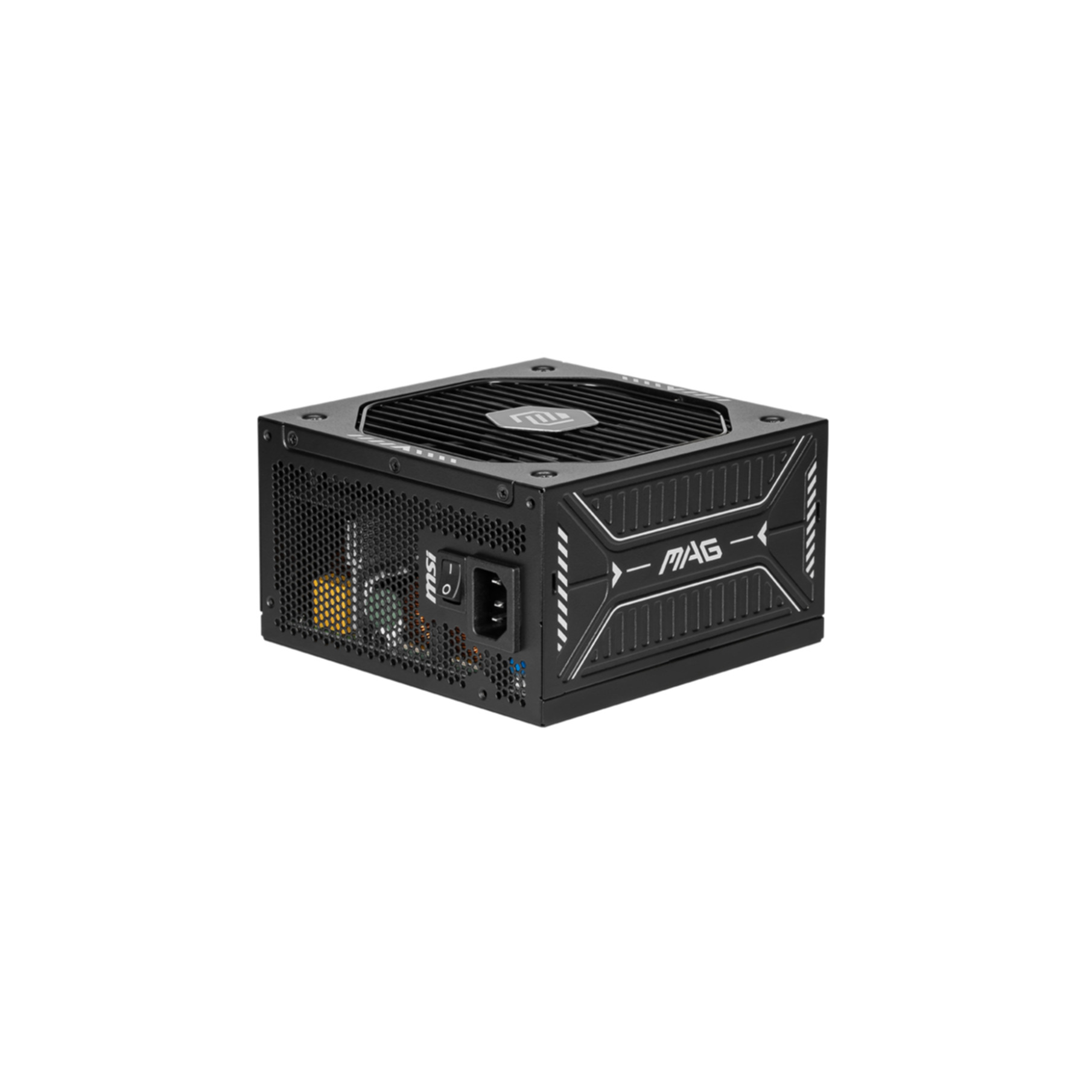 Black computer power supply unit with fan grille and 