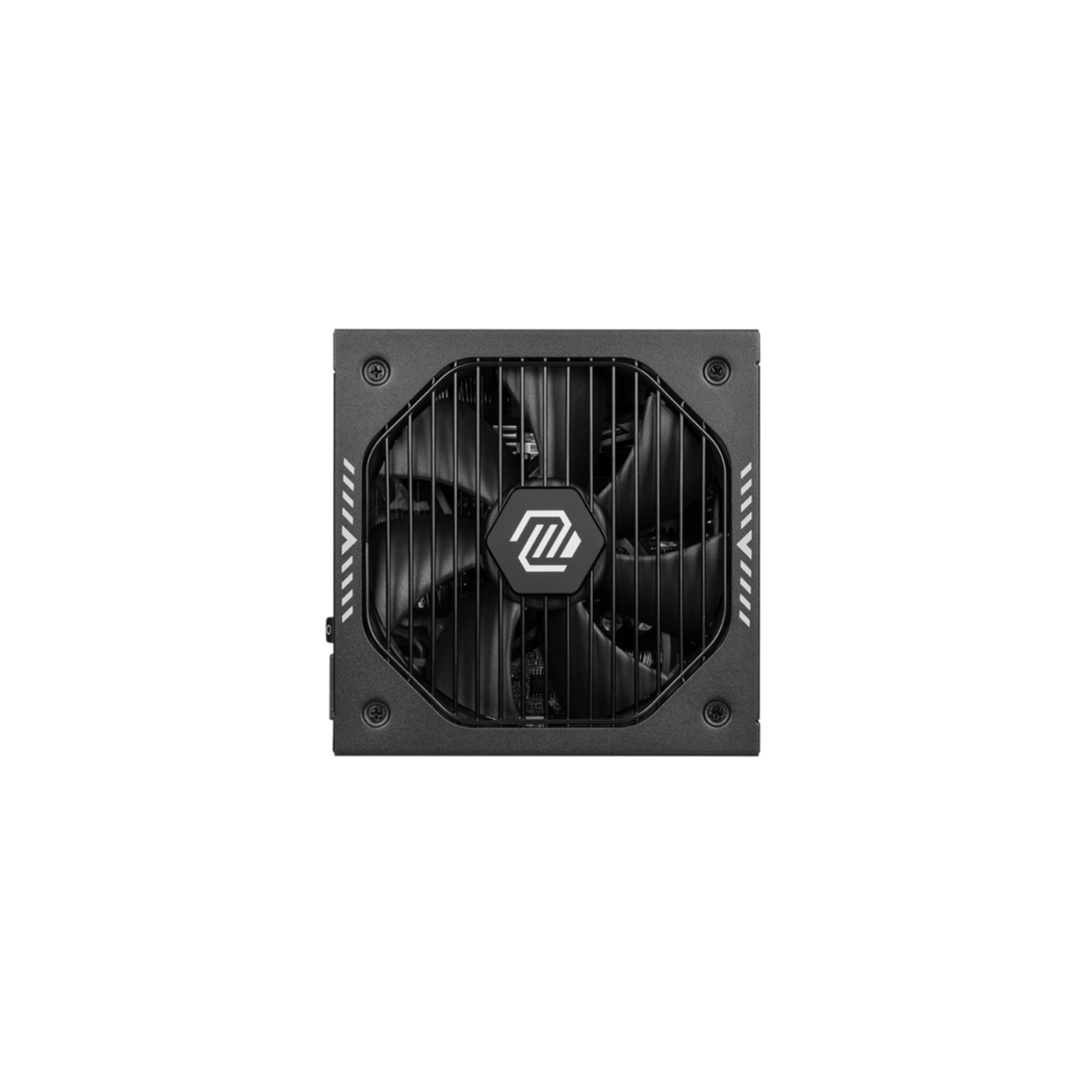 Black computer power supply fan with a grill and center logo.
