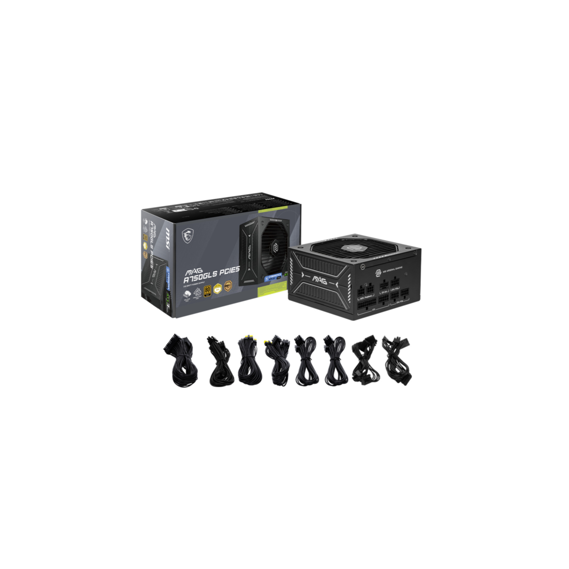 A power supply unit with cables and packaging, MSI MAG A750GLS PCIES model.