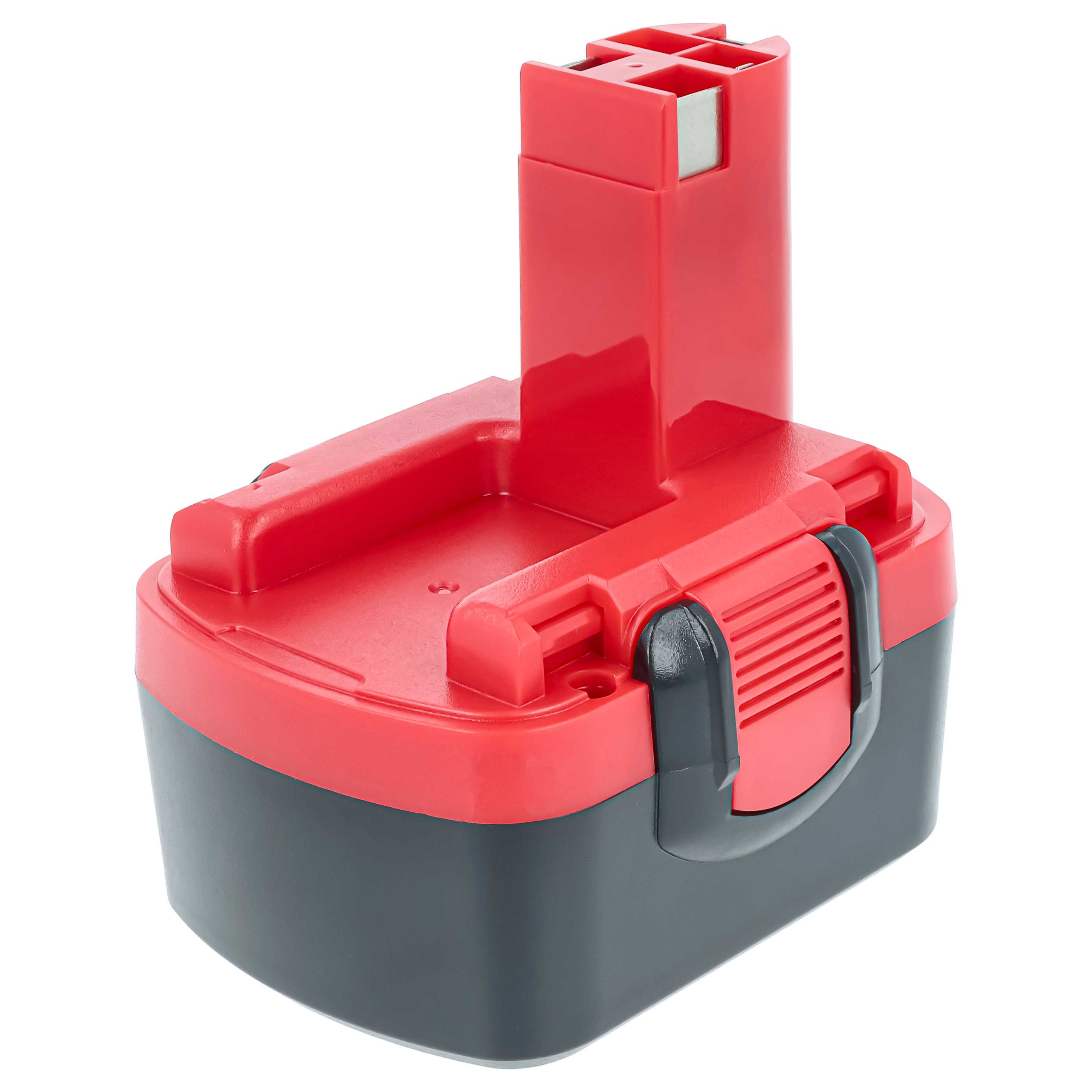 Ein roter und grauer Werkzeugakku mit Metallkontakten.