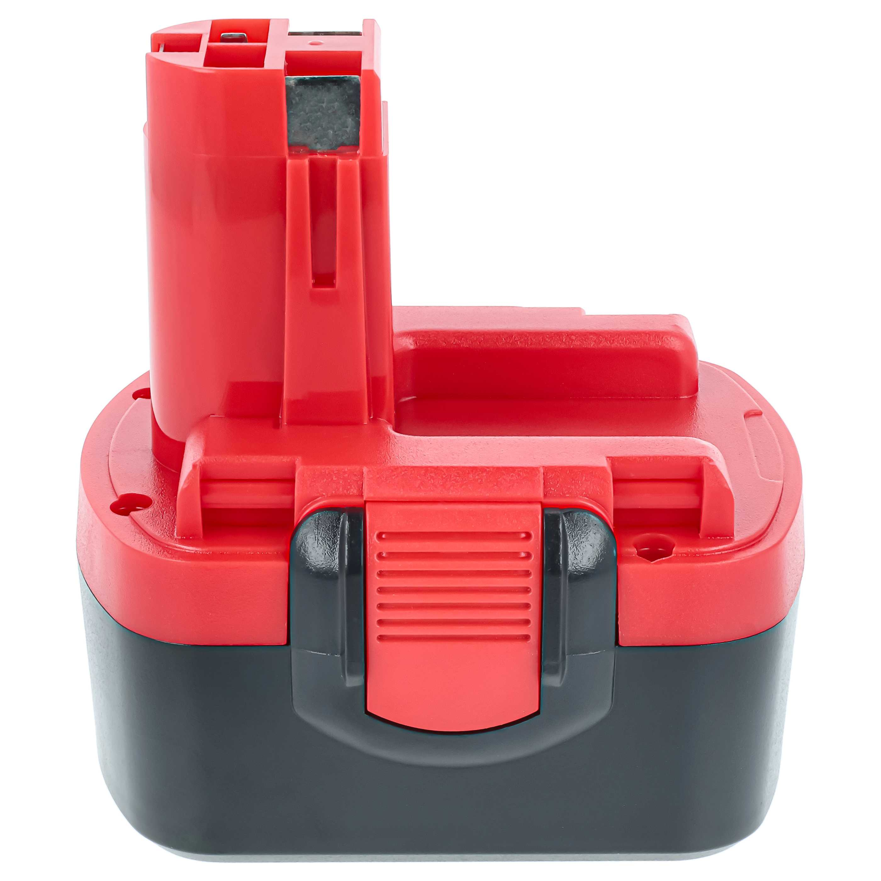 Ein roter und schwarzer Akku für Elektrowerkzeuge mit Verriegelungsmechanismus.
