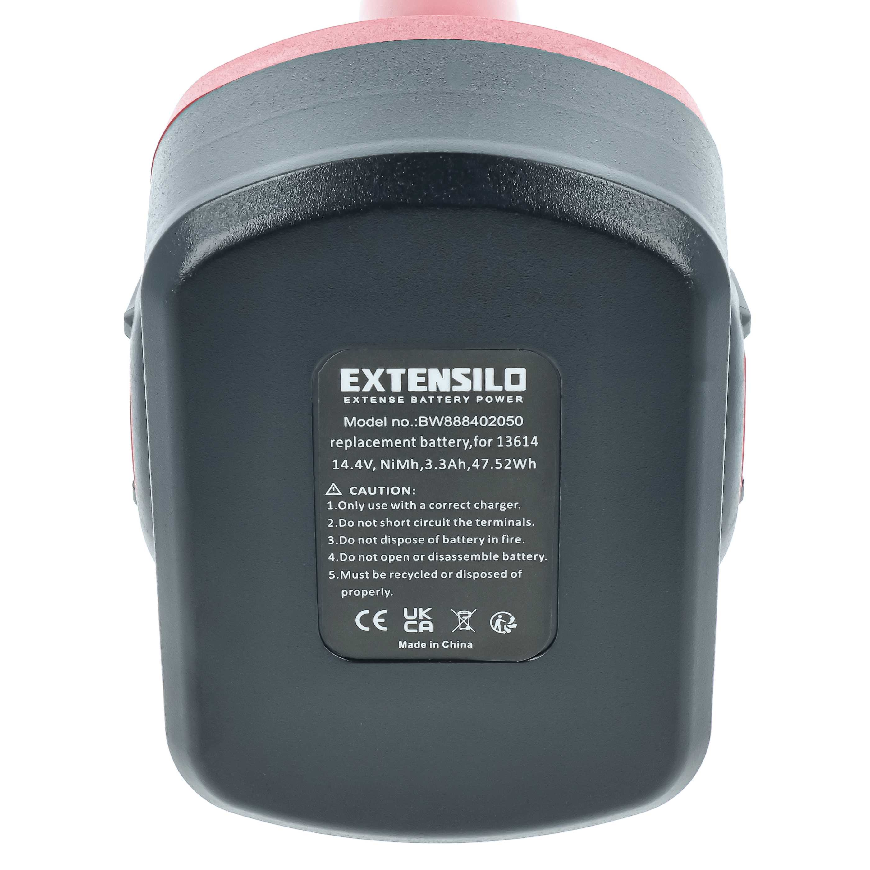Schwarzer Akku mit rotem Oberteil und Beschriftung: EXTENSILO 14.4V NiMh