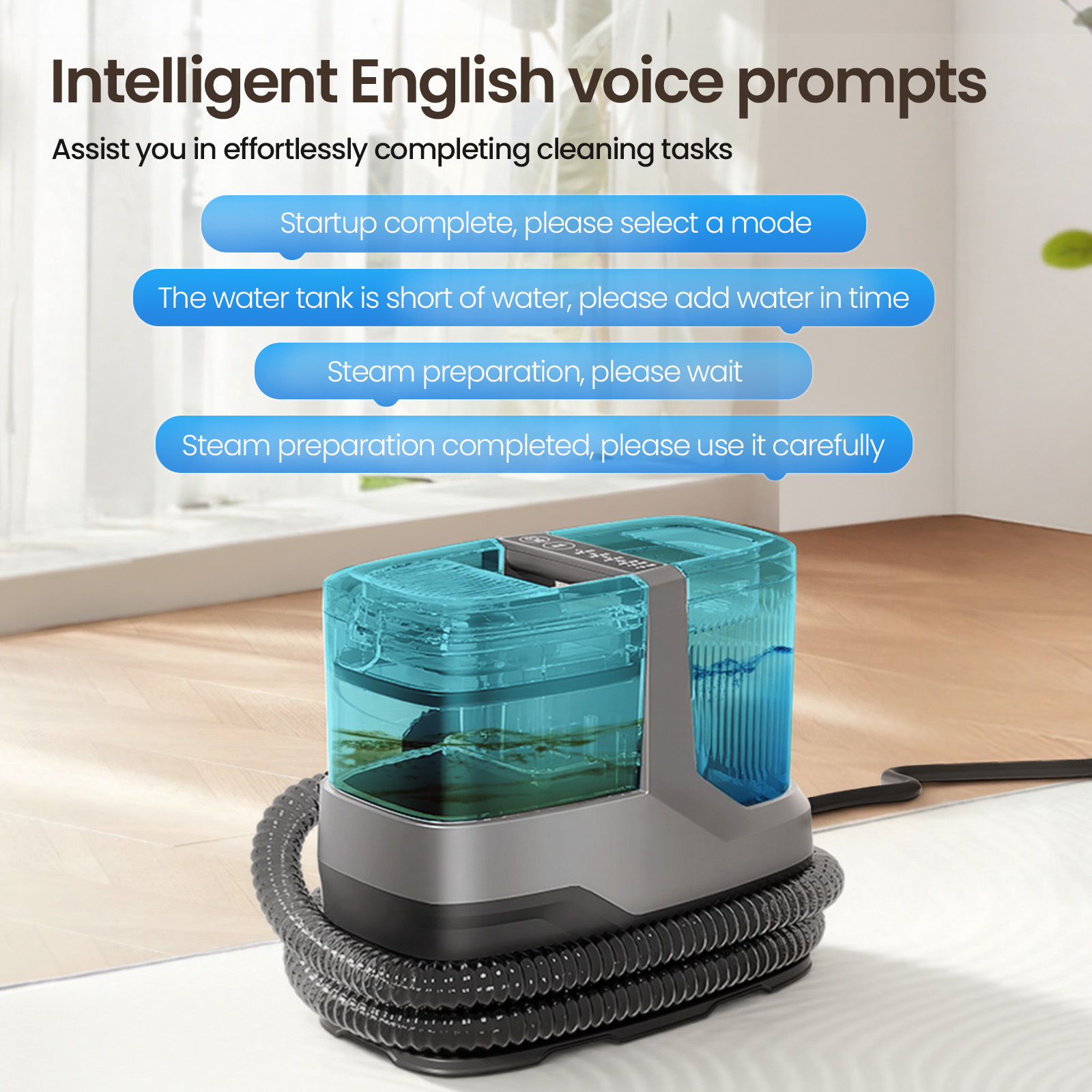 Parownica z niebieskim zbiornikiem na wodę i komunikatami głosowymi.