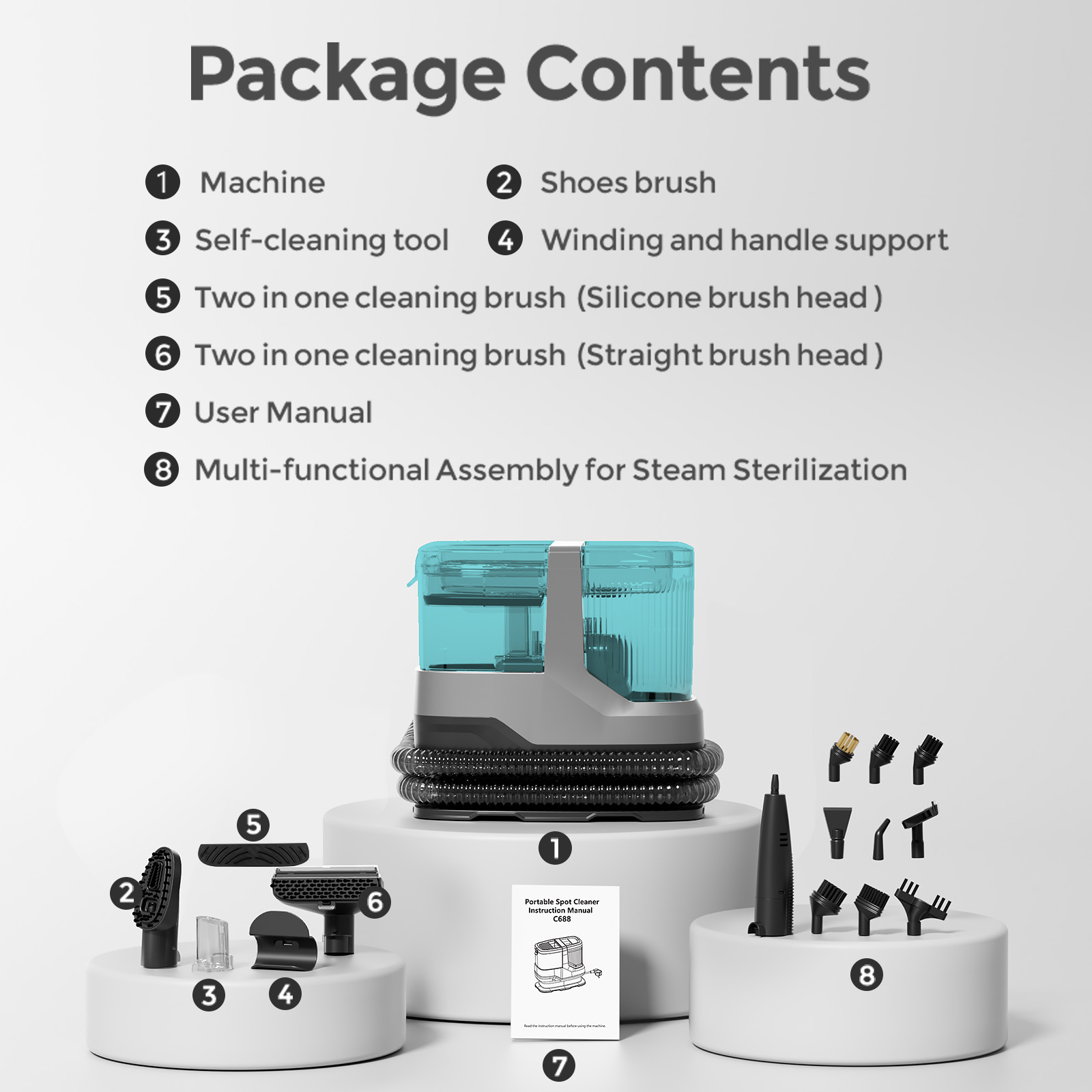 Zawartość opakowania: maszyna czyszcząca z akcesoriami, szczotkami i instrukcją.