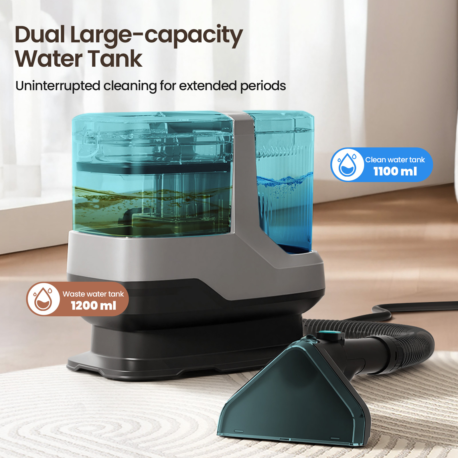 Urządzenie z dwoma zbiornikami: 1100ml czystej, 1200ml brudnej wody.